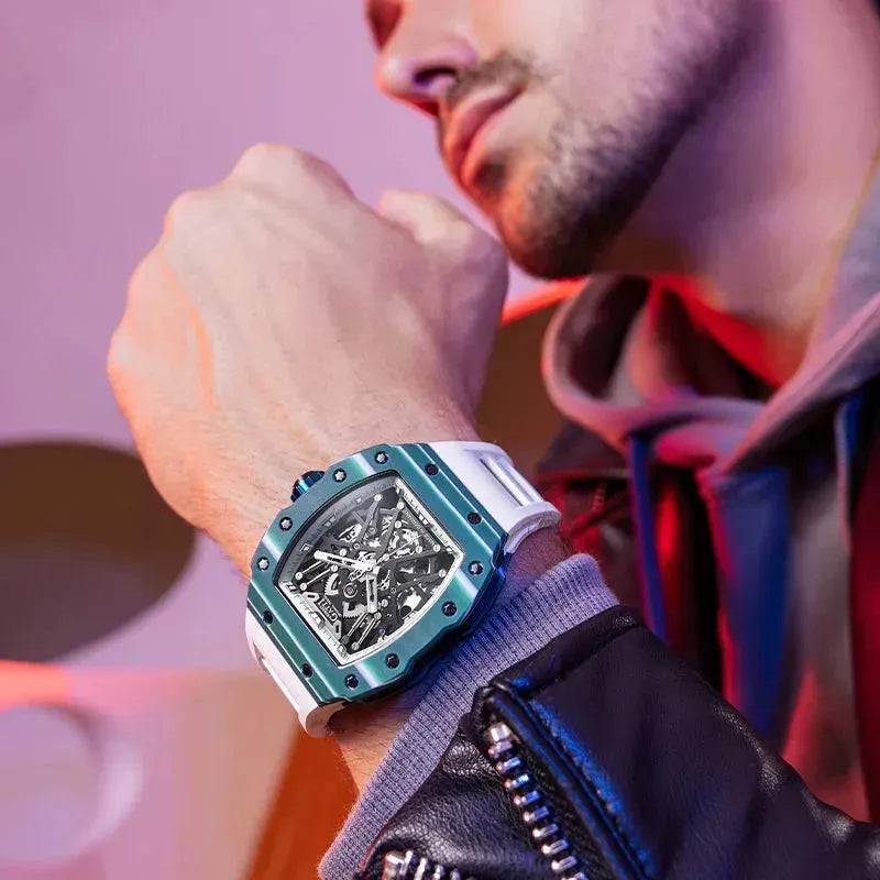 BONEST GATTI Carbon Fiber Automatic Mechanical Watch for Men - Luxury Skeleton Design, Sports Waterproof Wristwatch - Perfect for Business, Casual Wear & Outdoor Activities