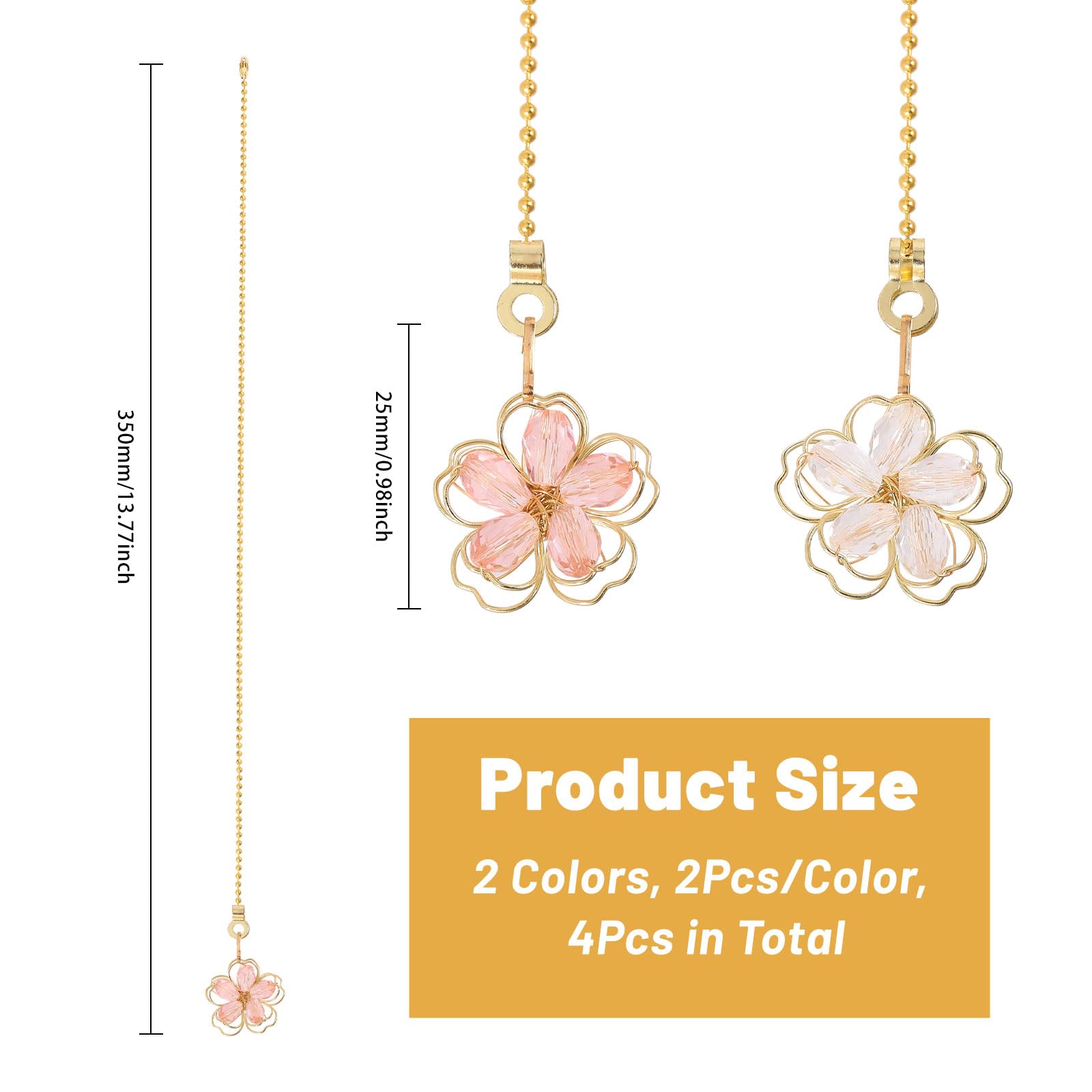 GLOBLELAND 4-Pack Decorative Flower Ceiling Fan Pull Chains - Alloy Glass Light Pull Extenders with Connectors for Ceiling Fans & Lights | Perfect for Bedroom, Living Room & Home Decor