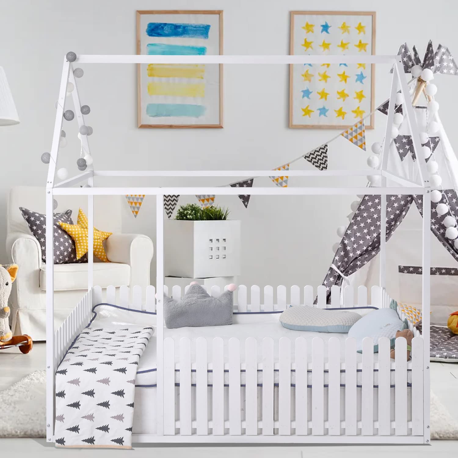 **Full Size Wooden House Bed Frame for Kids - Playhouse Design with Canopy, Roof & Fence - Low Floor Height - Perfect for Bedrooms, Playrooms & Imaginative Play**