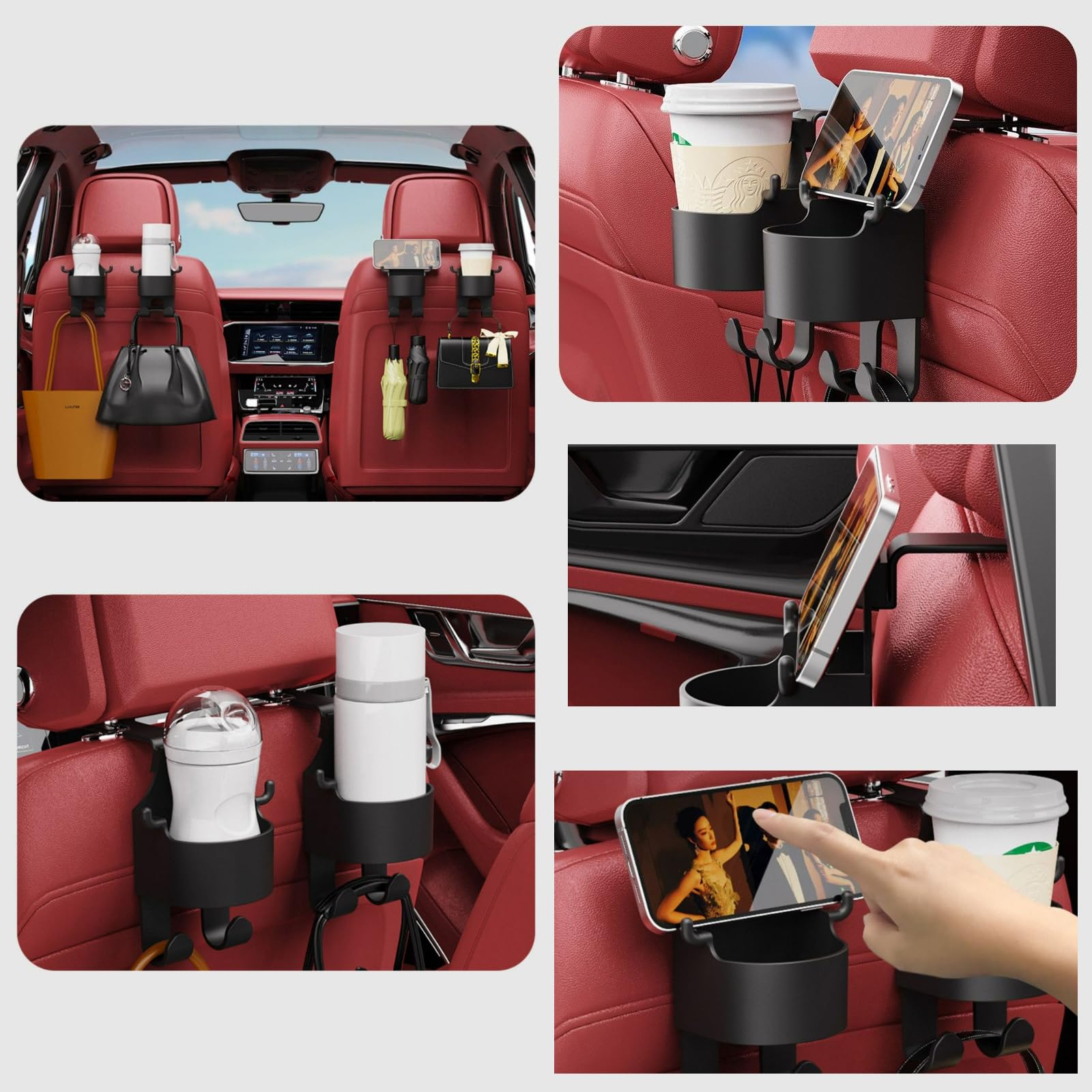 3-in-1 Multifunctional Car Seat Back Hook & Cup Holder - Heavy Duty Auto Organizer (2 Pack, Type-A) - Perfect for Road Trips, Grocery Bags & Backseat Storage
