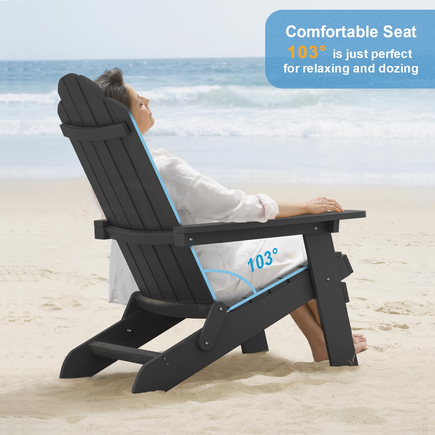 MXIMU Folding Adirondack Chair - Durable Plastic Outdoor Lounge Chair for Lawn, Backyard, Deck, Garden & Camping - Fire Pit Seating - Weather-Resistant & Comfortable - Perfect for Relaxing Outdoors (Black)