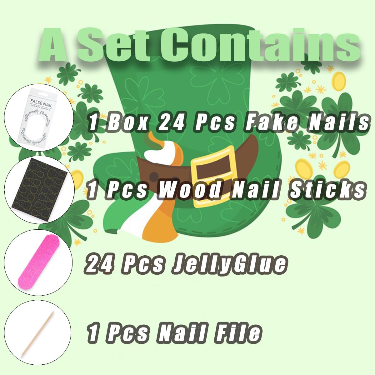 St. Patrick's Day Press On Nails - Short Square French Tip Fake Nails with Green Shamrock Glitter | Full Cover Stick On Artificial Nails | Nude Acrylic False Nails for Women & Girls | Perfect for Parties, Festivals & Manicure Art Accessories