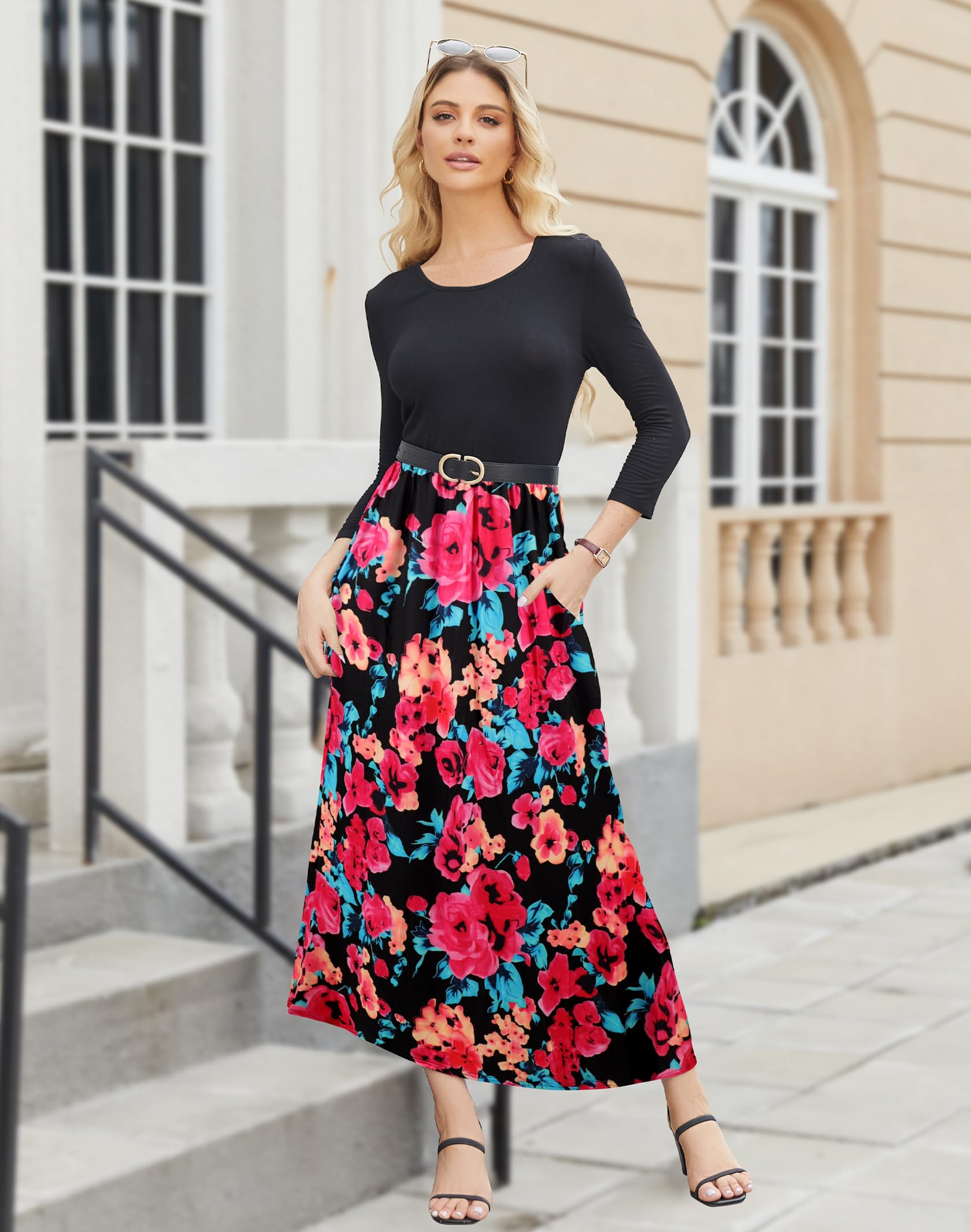 Supnier Women's 3/4 Sleeve Floral Maxi Dress with Pockets - Casual Long Boho Dress for Summer, Beach, Vacation & Everyday Wear