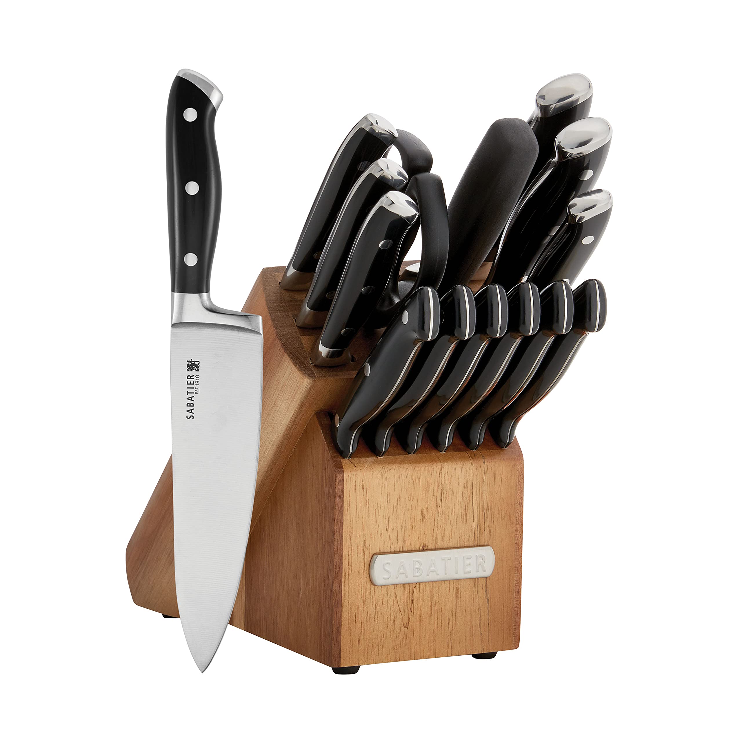 Sabatier 15-Piece Forged Knife Block Set - High-Carbon Stainless Steel Kitchen Knives with Triple Rivet Black Handles & Acacia Wood Block - Razor Sharp for Professional Chefs & Home Cooking