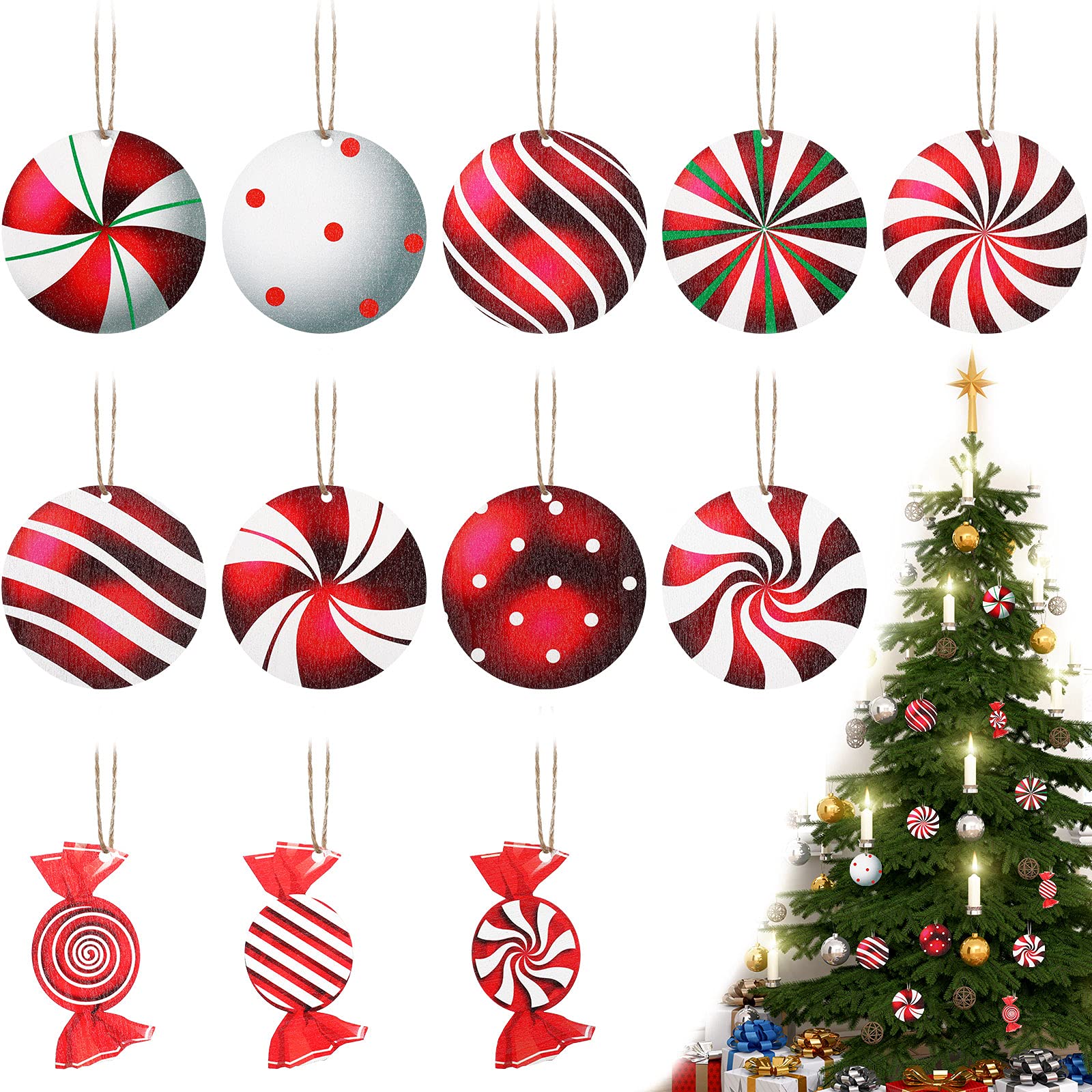 36 Pcs Wooden Christmas Peppermint Ornaments - Red & White Candy Swirl Decorations for Xmas Tree, Home & Party (Funny Style) - Perfect for Holiday Decor, Gift Giving & Festive Celebrations