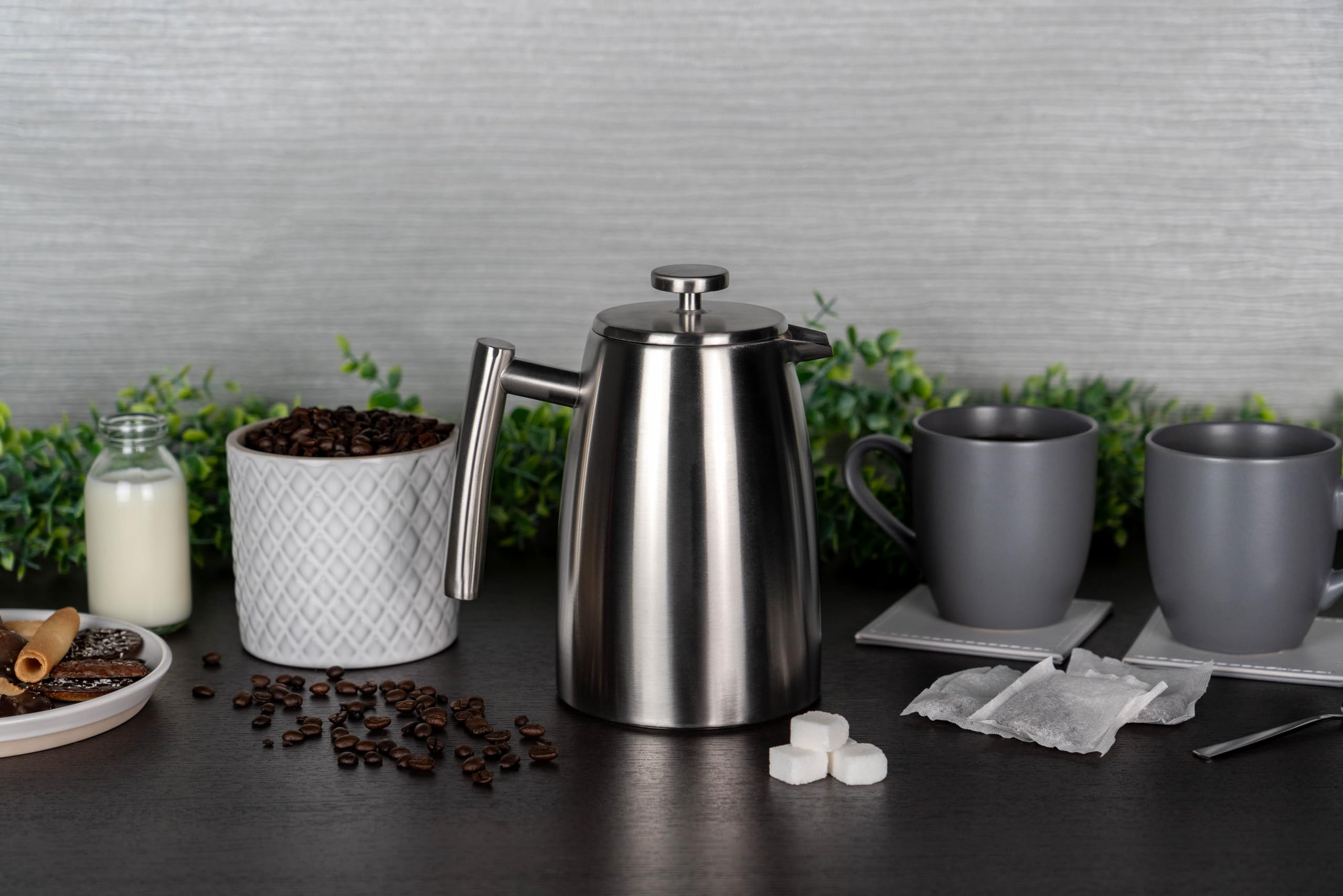 HFD-08 Belmont 8 Cup Double Walled French Press Coffee Maker, 1.2 Liter (40oz) Stainless Steel with Mirror Finish - Perfect for Home, Office & Camping Brewing