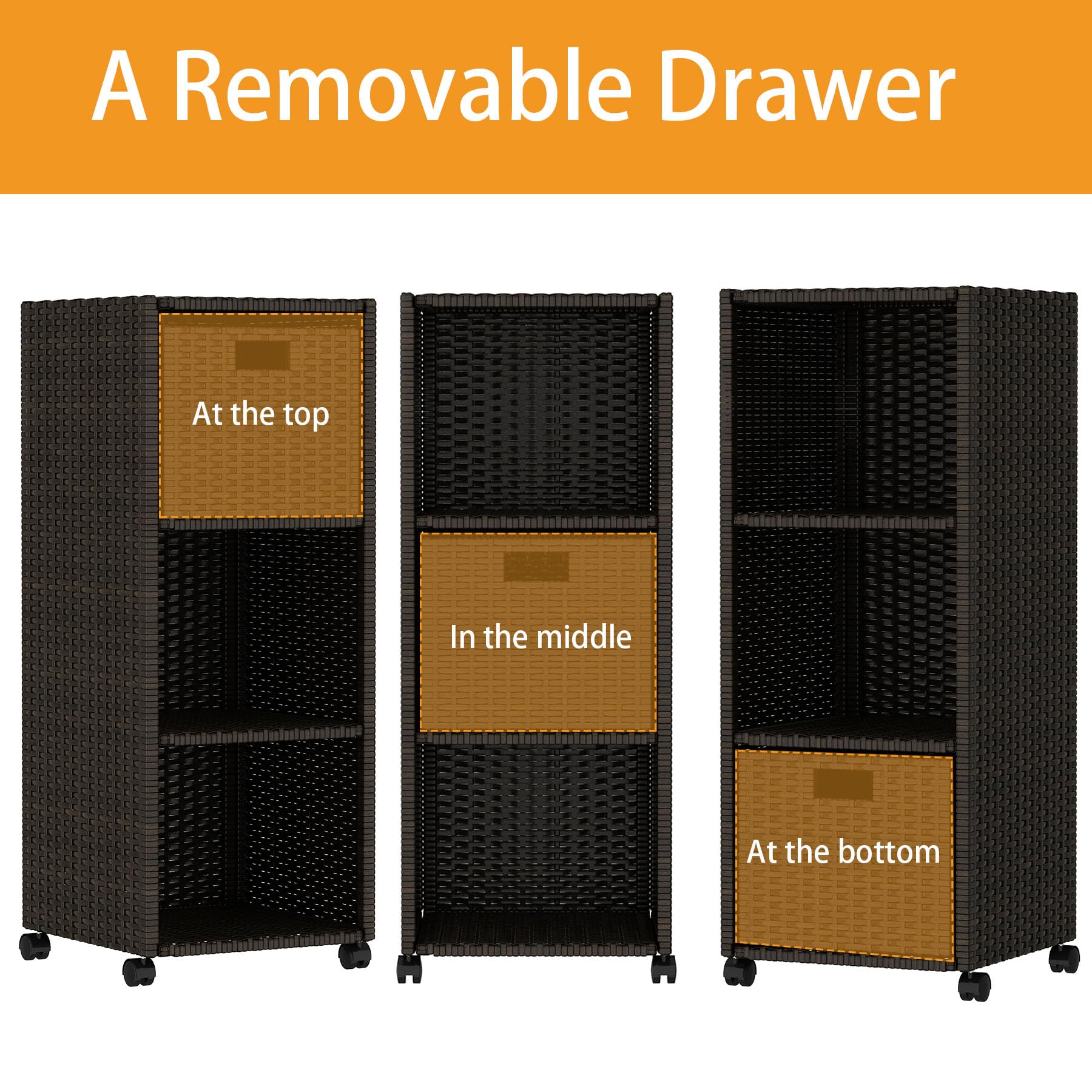 Lovinouse Waterproof Wicker Outdoor Towel Storage Cabinet with Shelves & Drawer - Rolling Wheels Pool Towel Organizer for Patio, Garden, Poolside, Backyard, Porch - Perfect for Beach Towels, Swim Gear & Outdoor Essentials (Brown)