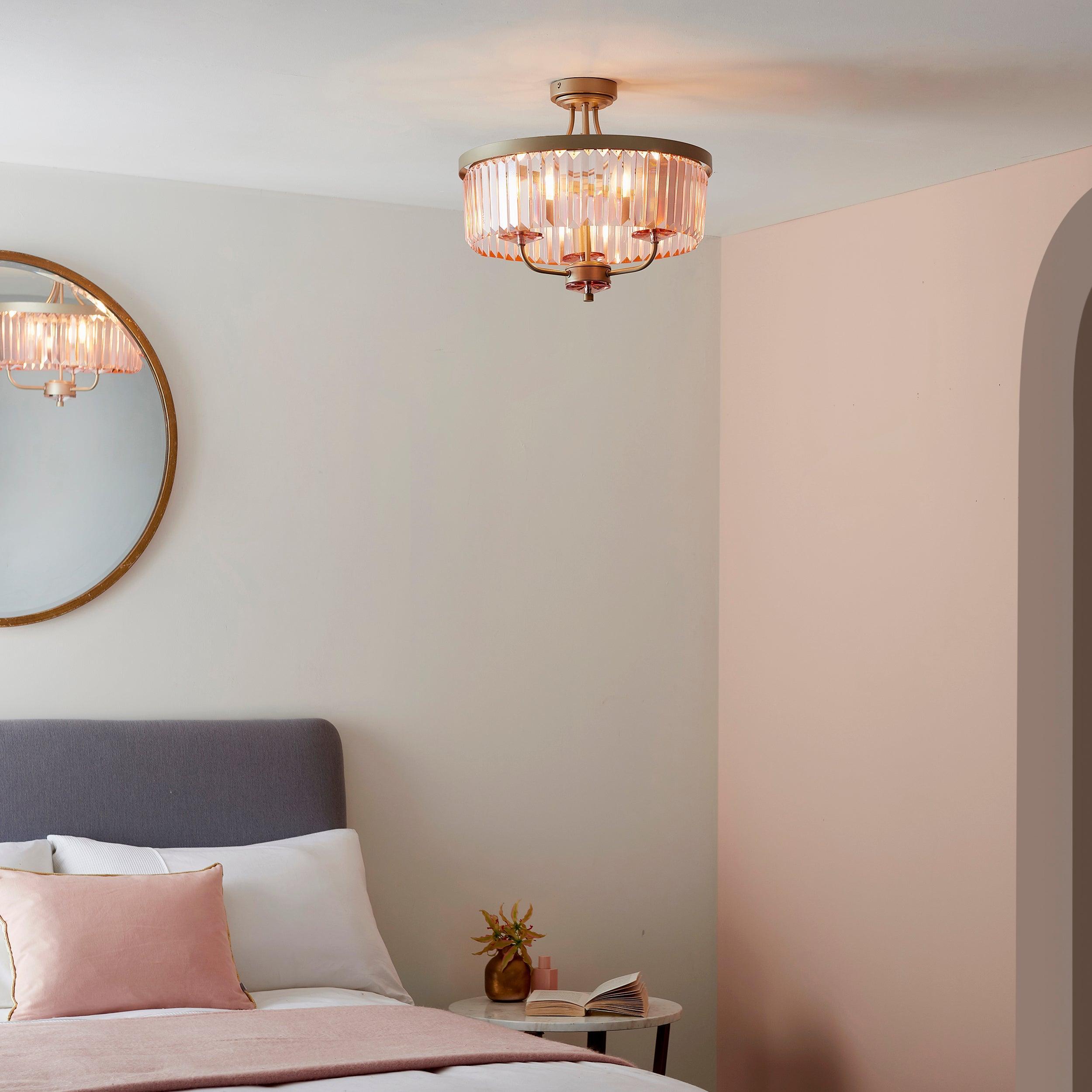 Ealing 3-Light Round Champagne & Pink Cut Glass Semi-Flush Ceiling Light - Perfect for Bedroom, Dining Room, or Entryway Lighting