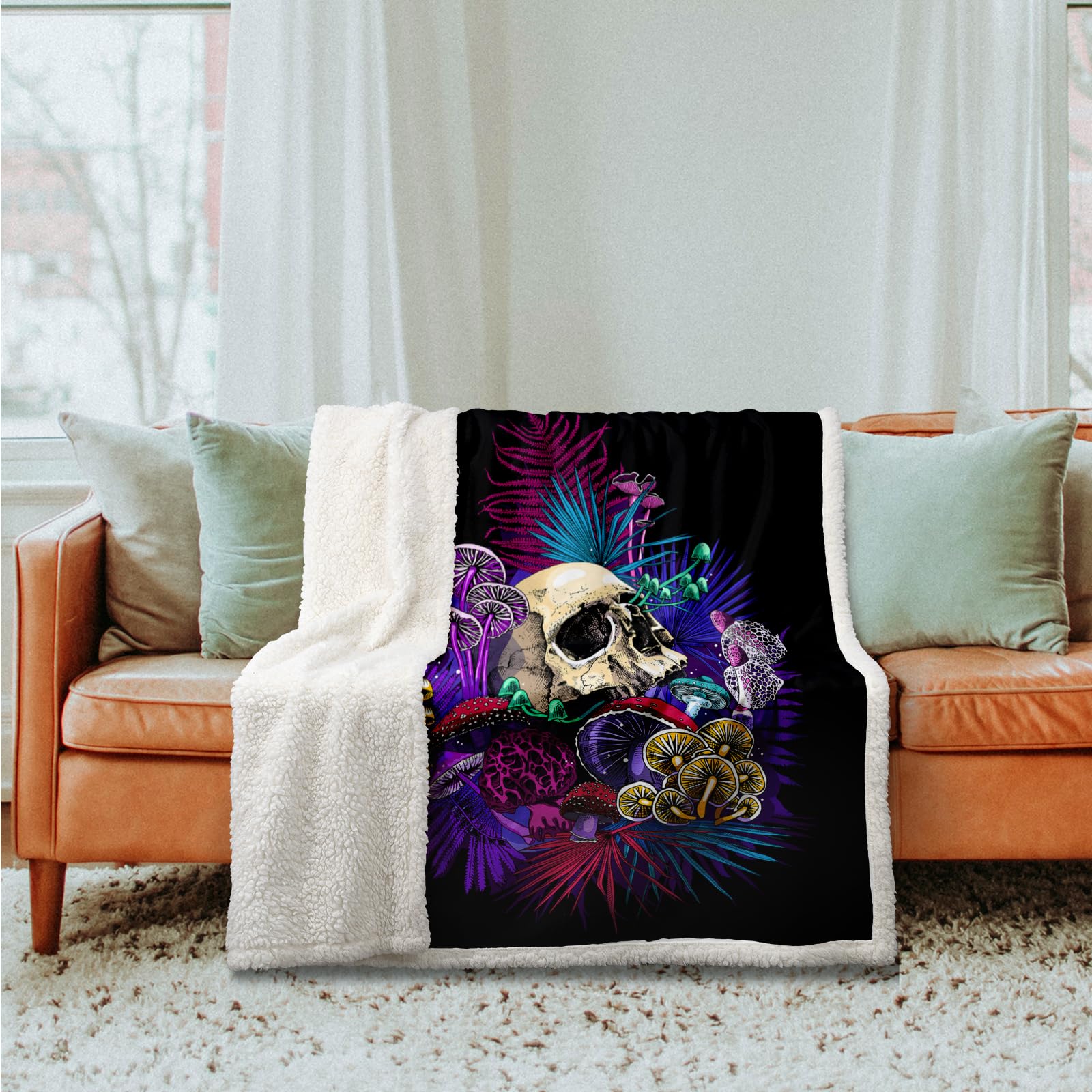 Soft Plush Mushroom Skull Throw Blanket 50x60 Inches - Gothic Sherpa Fleece Blanket for Couch, Sofa & Bed - Cozy Fluffy Blanket for Halloween, Christmas Gifts & Home Decor
