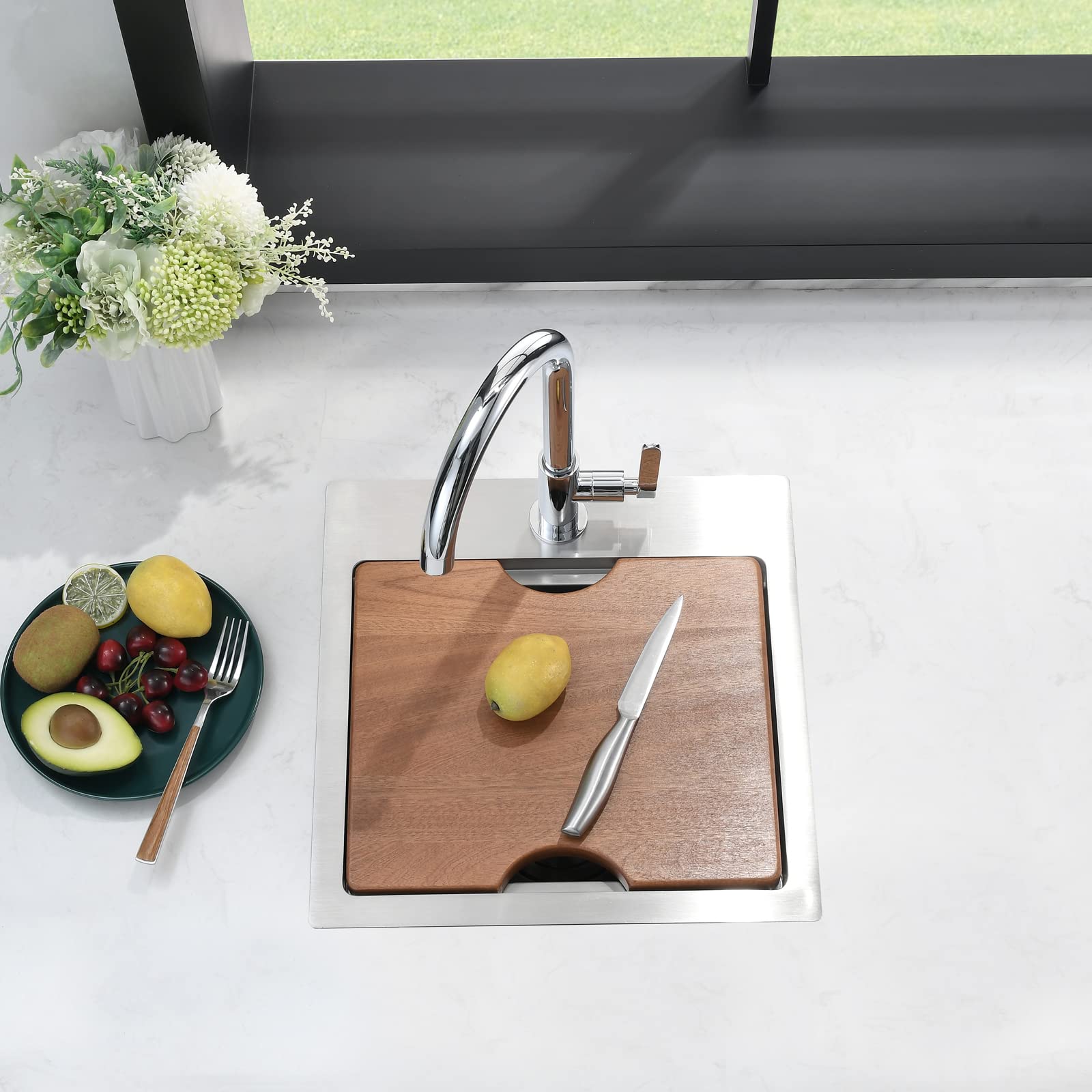 15x15 Inch Drop-in Bar Sink Workstation - 16 Gauge Stainless Steel Single Bowl Small Kitchen Sink with Cutting Board for Outdoor RV, Camper, Tiny House & Home Bar Use