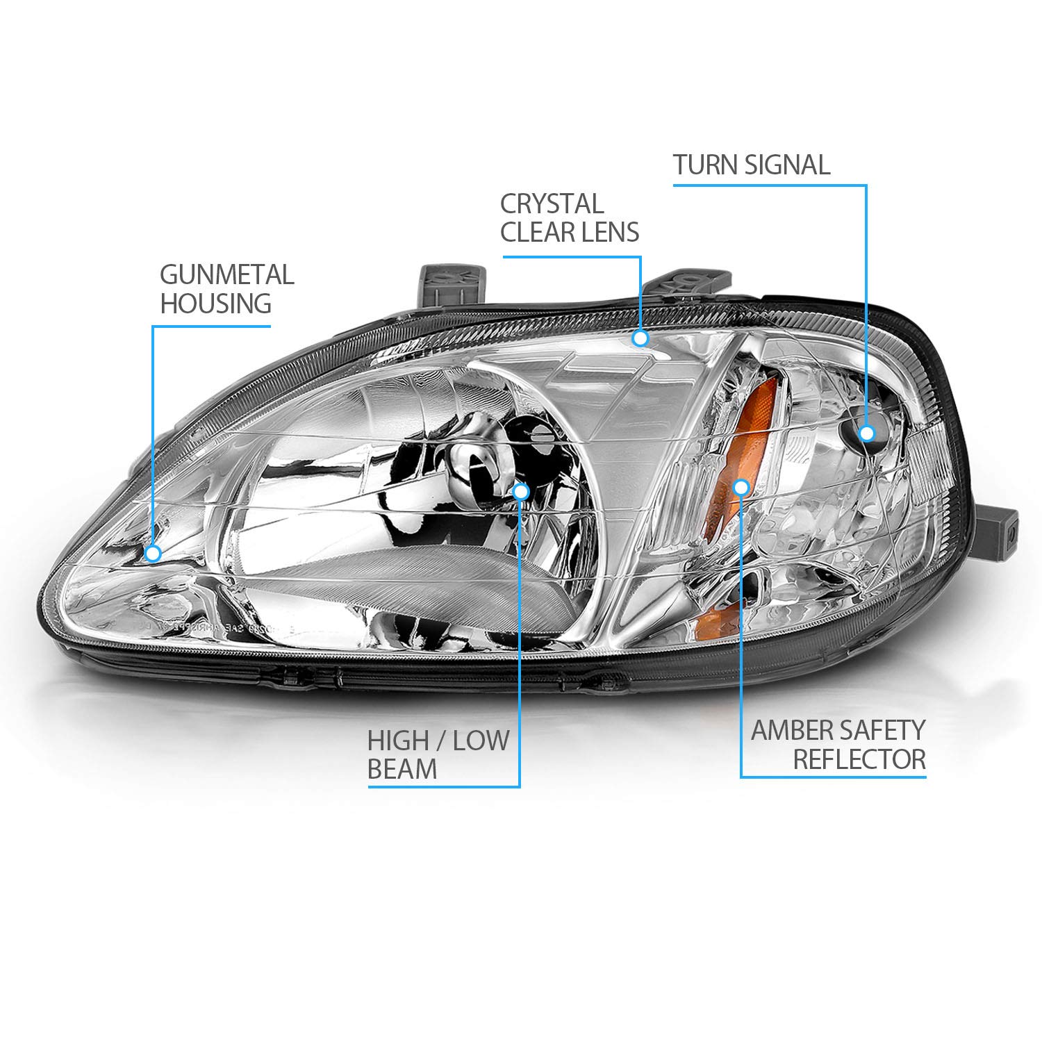 AmeriLite Chrome Replacement Headlights Set for 1999-2000 Honda Civic - Left & Right Side Headlamps - Perfect for Night Driving & Car Restoration Projects