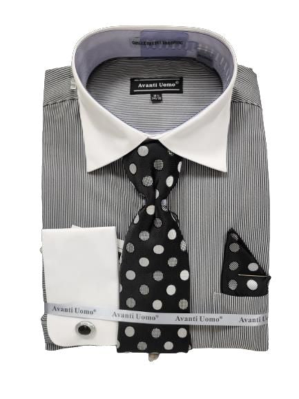 AVANTI UOMO Men's Micro Stripe Dress Shirt with White Collar & Cuffs - DN129M Black | Formal Office Wear & Business Attire