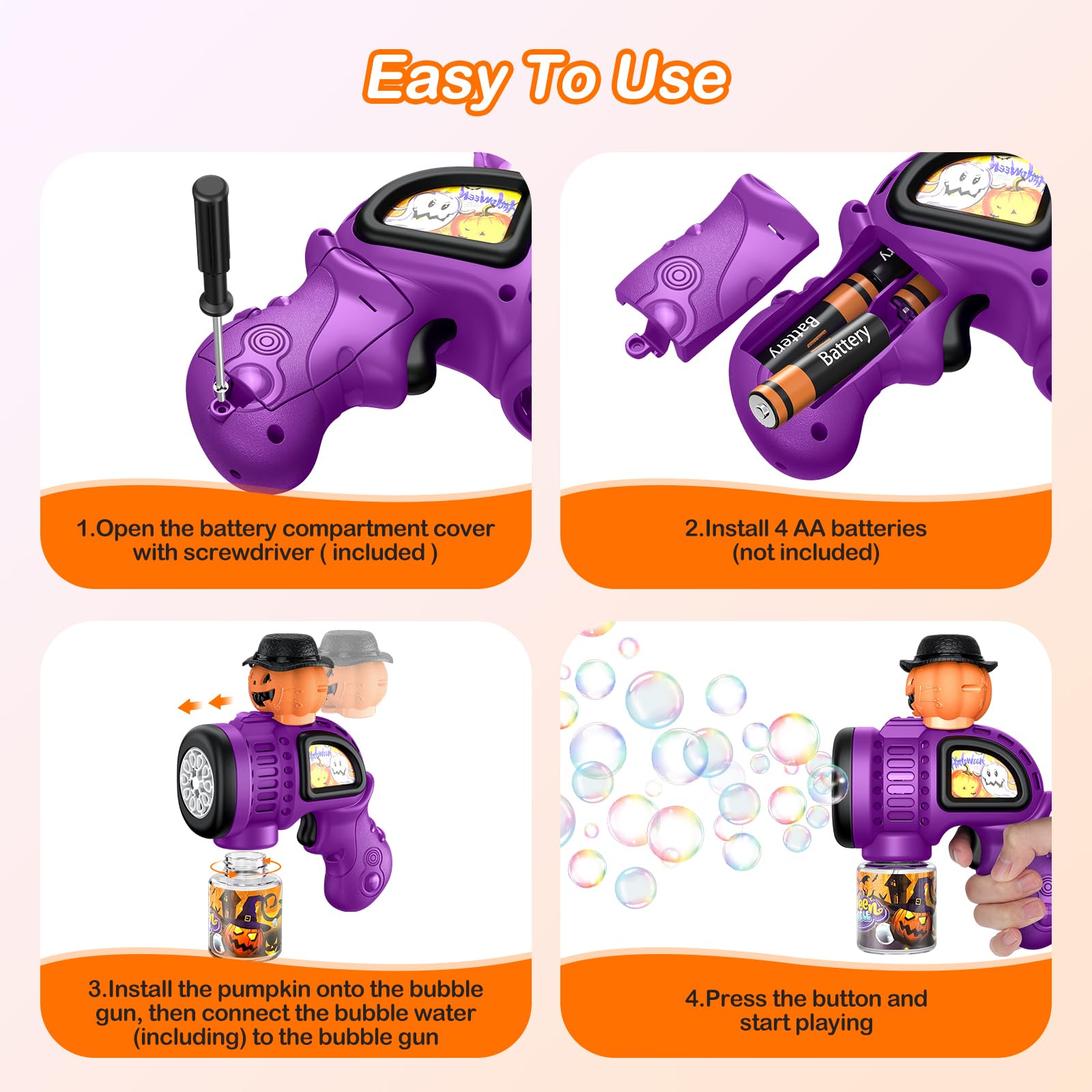 Fansteck Halloween Bubble Gun for Kids - 10 Hole Pumpkin Bubble Blower with LED Lights, Automatic Bubble Machine Toy for Toddlers | Perfect for Halloween Parties, Outdoor Play, Birthday Favors & Backyard Fun
