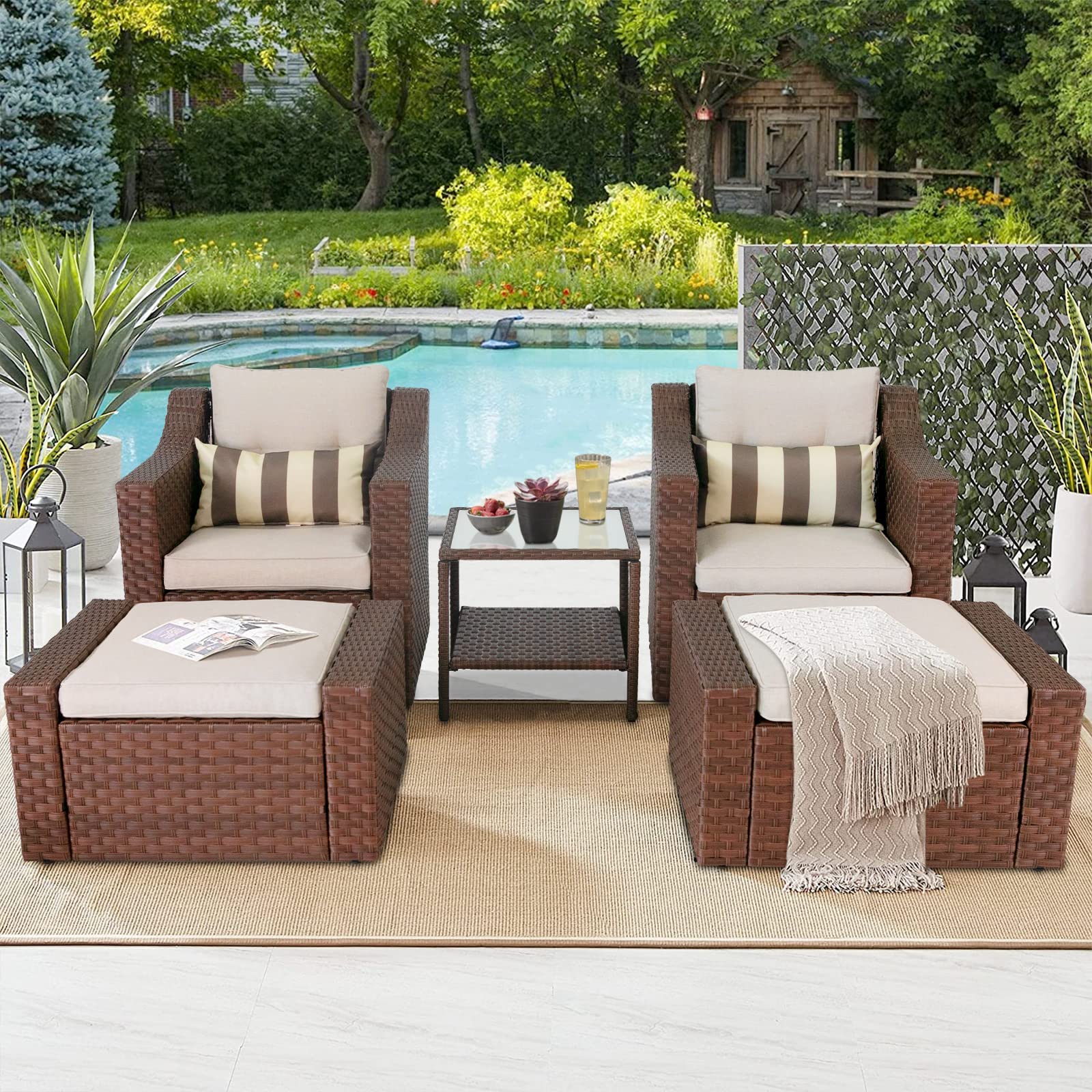SOLAURA 5-Piece Outdoor Patio Furniture Set - Brown Wicker Lounge Chairs with Ottoman Footrest, Coffee Table & Beige Cushions for Garden, Backyard, Deck or Balcony - Perfect for Relaxing, Entertaining & Outdoor Lounging