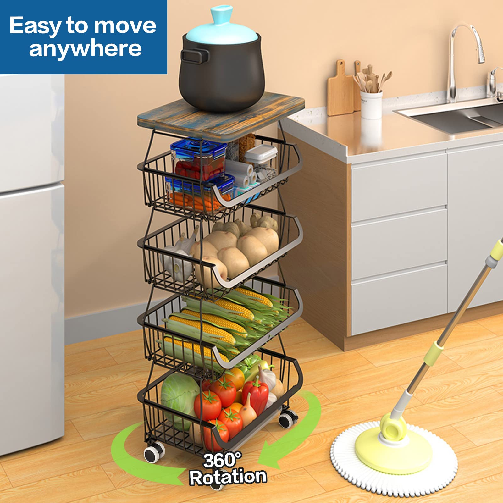 5-Tier Stackable Metal Wire Storage Basket Organizer for Kitchen - Wood Top Vegetable & Fruit Basket Stand for Onions, Potatoes, and Produce - Perfect for Pantry Organization and Countertop Storage