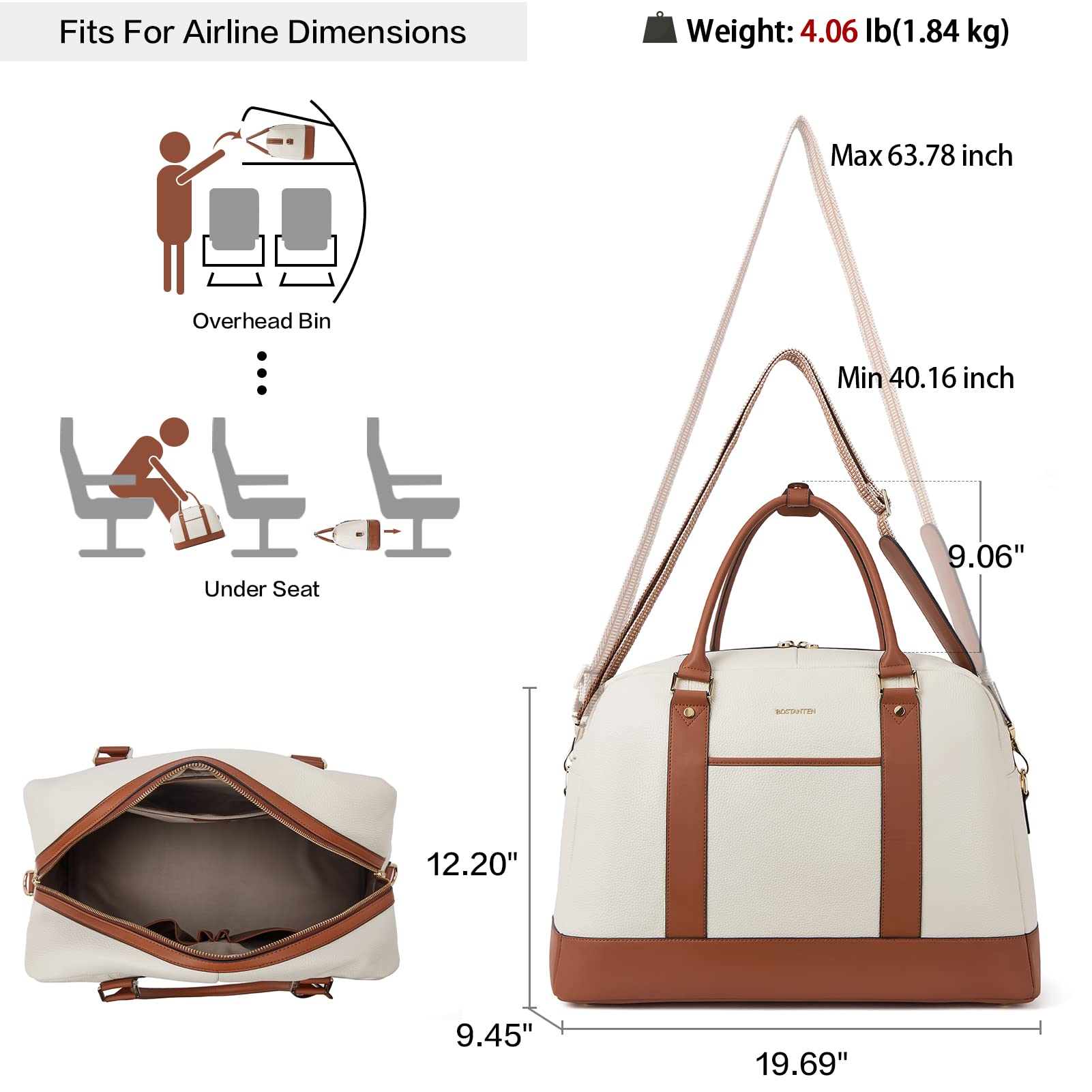 BOSTANTEN Women's Leather Travel Weekender Bag - Large Duffle Overnight Bag with Trolley Sleeve, Flight Approved Carry-On Luggage for Business Trips & Weekend Getaways