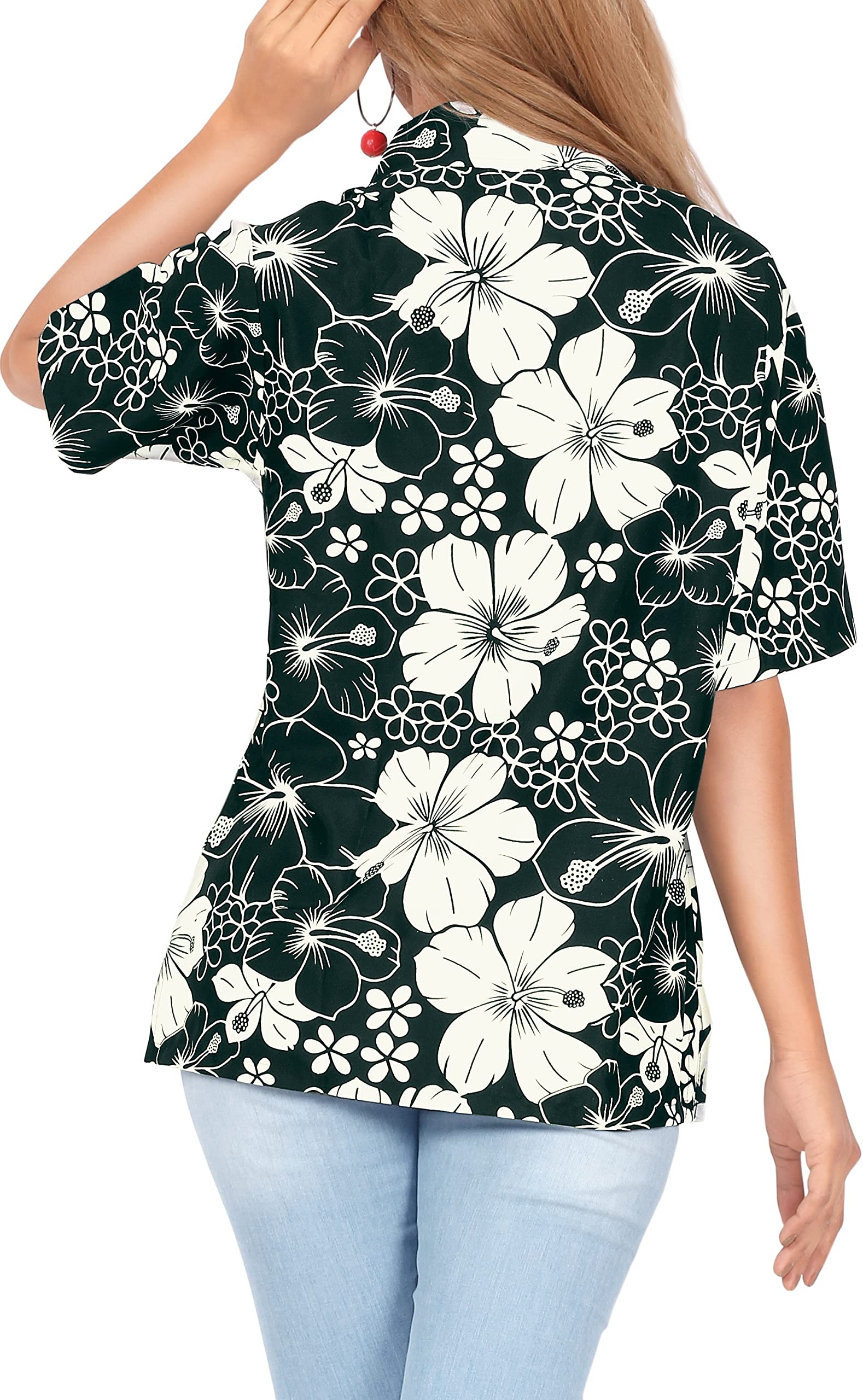 LA LEELA Women's Hawaiian Short Sleeve Beach Blouse - Floral Print Vacation Shirt for Summer, Pool Party & Tropical Getaway