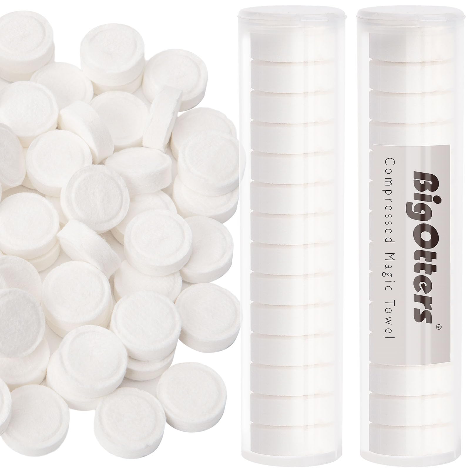 BigOtters Compressed Towels - 100PCS Expandable Disposable Face Wipes for Travel, Camping, Hiking | Portable Toiletries for Survival Gear, Outdoor Adventures & Hotel Stay | Includes 2 Tube Containers