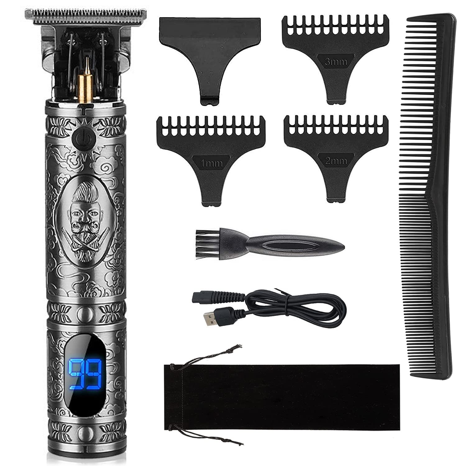 HIENA Professional Cordless Hair Clippers for Men - Electric Beard Trimmer & Grooming Kit with LCD Display (Silver) - Perfect for Home Haircuts, Beard Shaping & Personal Grooming