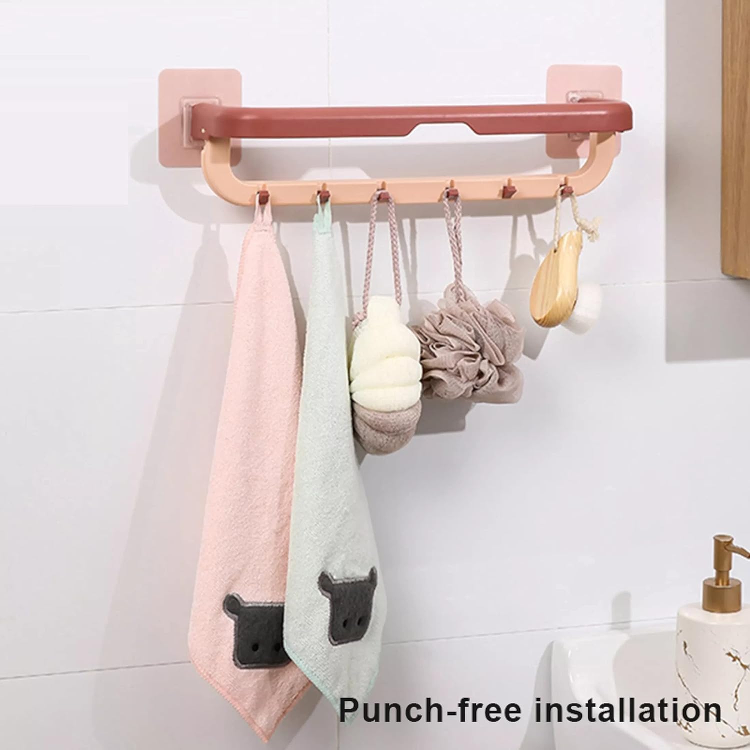 Adjustable Wall Mounted Double Bar Plastic Towel Rack with Hooks - Space Saving Folding Towel Holder for Kitchen, Bathroom & Laundry Room - Multifunctional Storage Shelf (Random Color) | Perfect for Small Spaces, Apartments & RVs