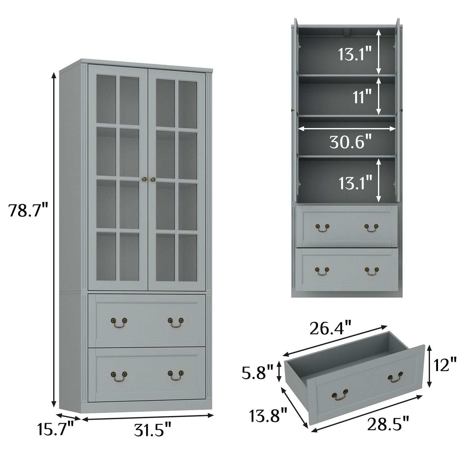 MOUMON Pantry Cabinet with 2 Drawers & Glass Doors - Adjustable Shelves Kitchen Storage Cabinet, 31.5