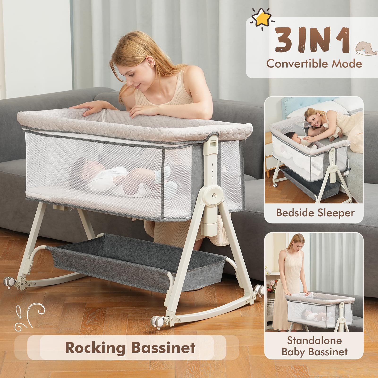 Portable Baby Bassinet Bedside Sleeper with Wheels & Storage Basket - 6 Height Adjustable, Breathable Mesh, Easy Assembly Crib for Newborns & Infants (Grey) | Perfect for Nursery, Bedroom & Travel Use