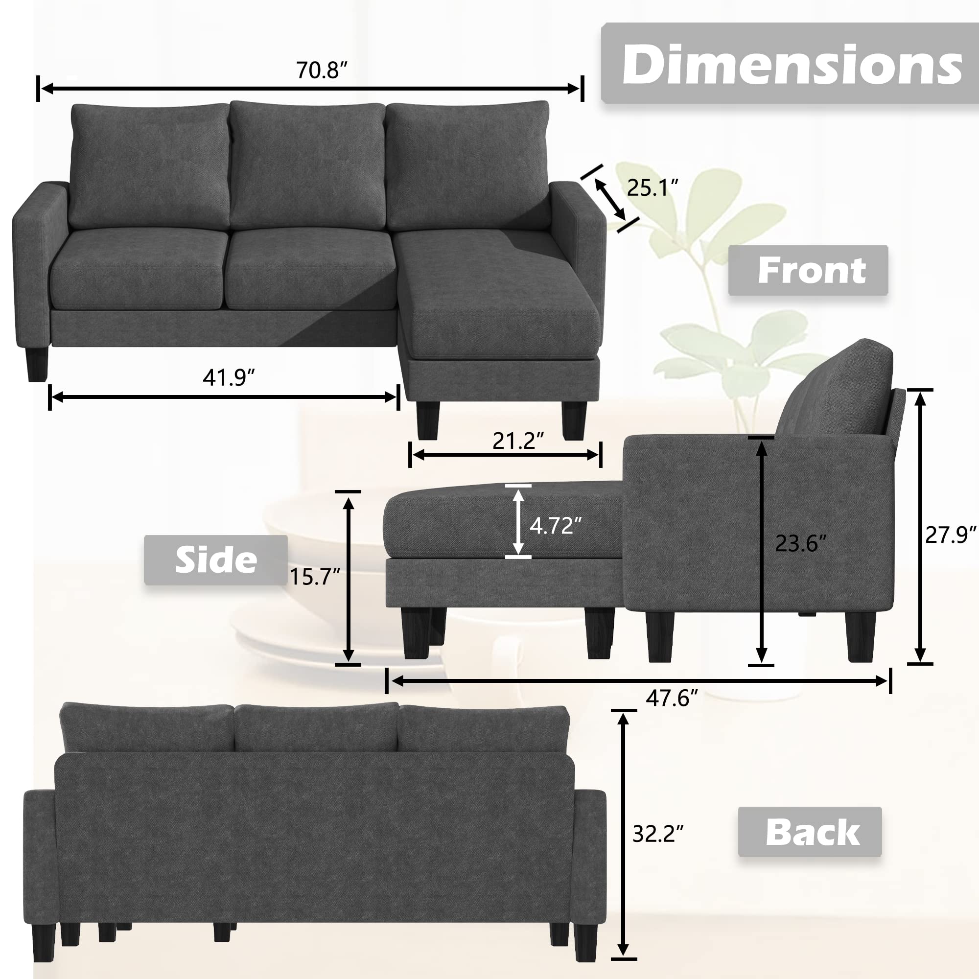 YESHOMY Convertible Sectional Sofa with Comfortable Backrest - Modern L-Shaped Couch with Cotton Fabric for Living Room, Dark Gray | Perfect for Small Spaces, Apartments & Home Theater Seating