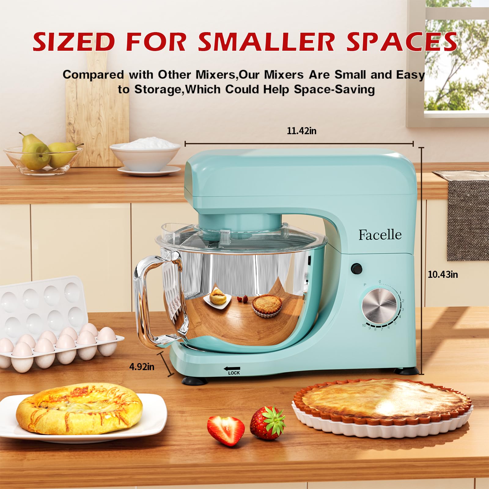 Facelle 5.5Qt Stand Mixer - 10+ Speed Tilt-Head Electric Kitchen Mixer with Stainless Steel Bowl, Dough Hook, Whisk & Beater - Perfect for Baking Cakes, Cookies, Bread & More - Ideal for Home Bakers & Professional Chefs