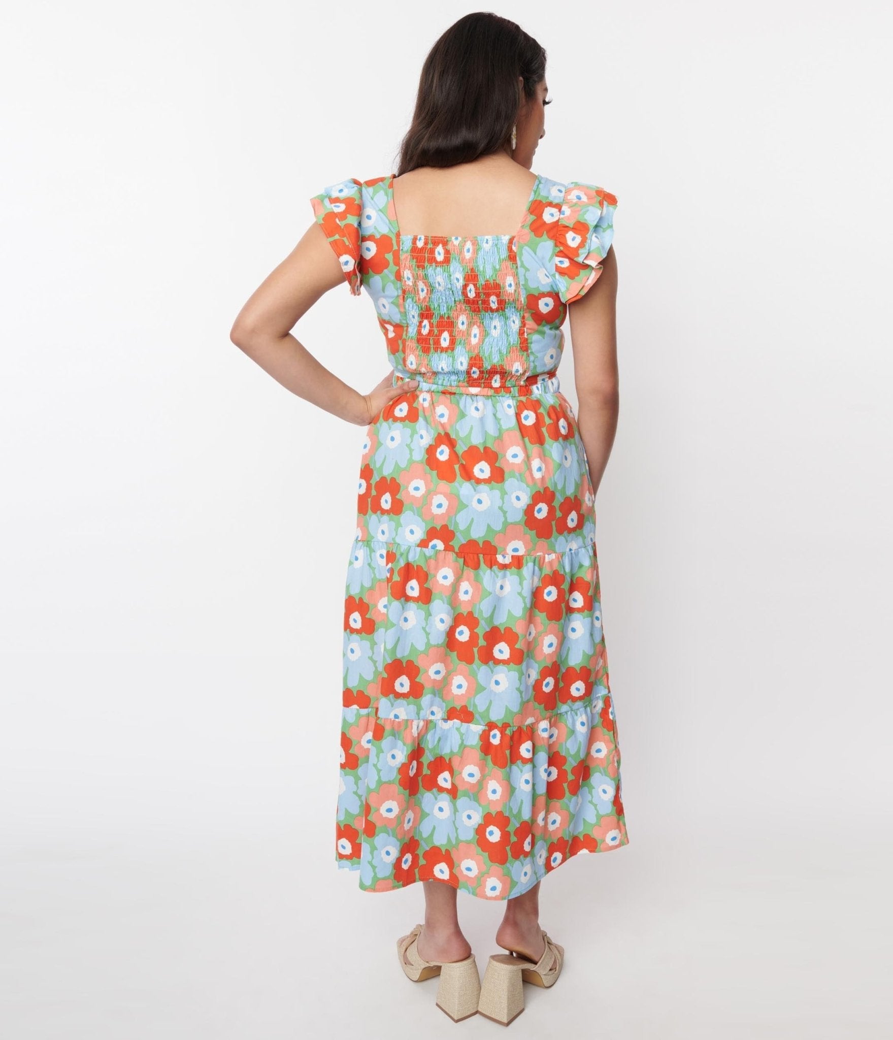 Light Blue & Red Floral Tiered Midi Skirt - Women's Summer Boho Skirt with Elastic Waist | Perfect for Beach Vacations, Music Festivals & Casual Outings