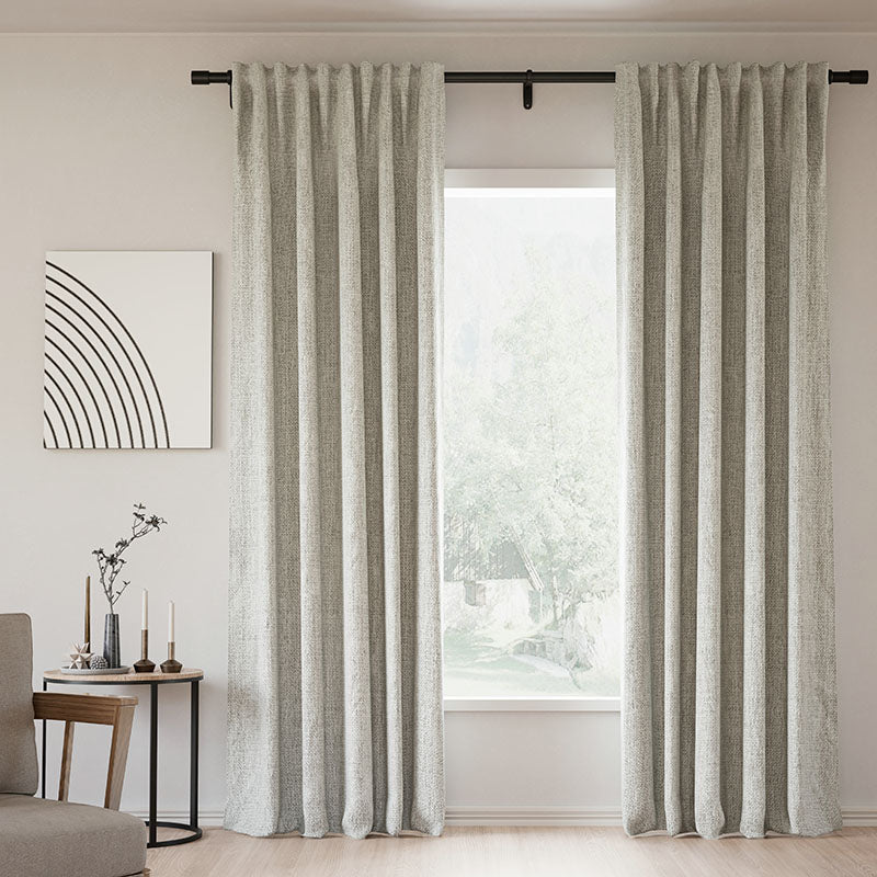 Blackout Curtains with Back Tab - 100% Linen, Memory Trained for Perfect Folds, Modern Beige & White - Custom Drapes for Bedroom & Living Room - Noise Reducing & Light Blocking Window Treatments