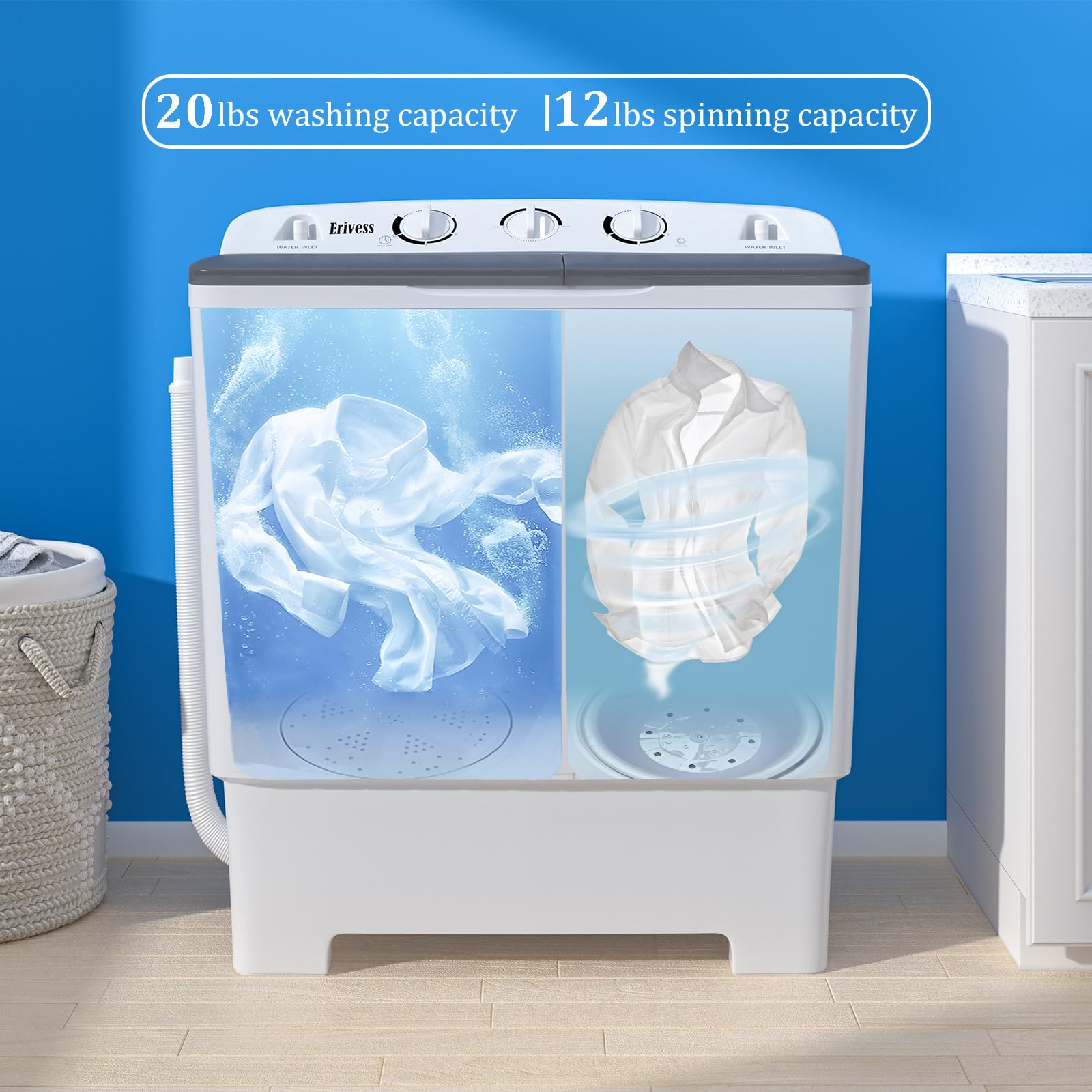 32 lbs Compact Mini Twin Tub Washing Machine with Drying Rack & 10 Hangers - 20 lbs Washer & 12 lbs Spinner - Portable Laundry Solution for Dorms, Apartments, RVs & Small Spaces - Perfect for Travel, Camping & Tiny Homes
