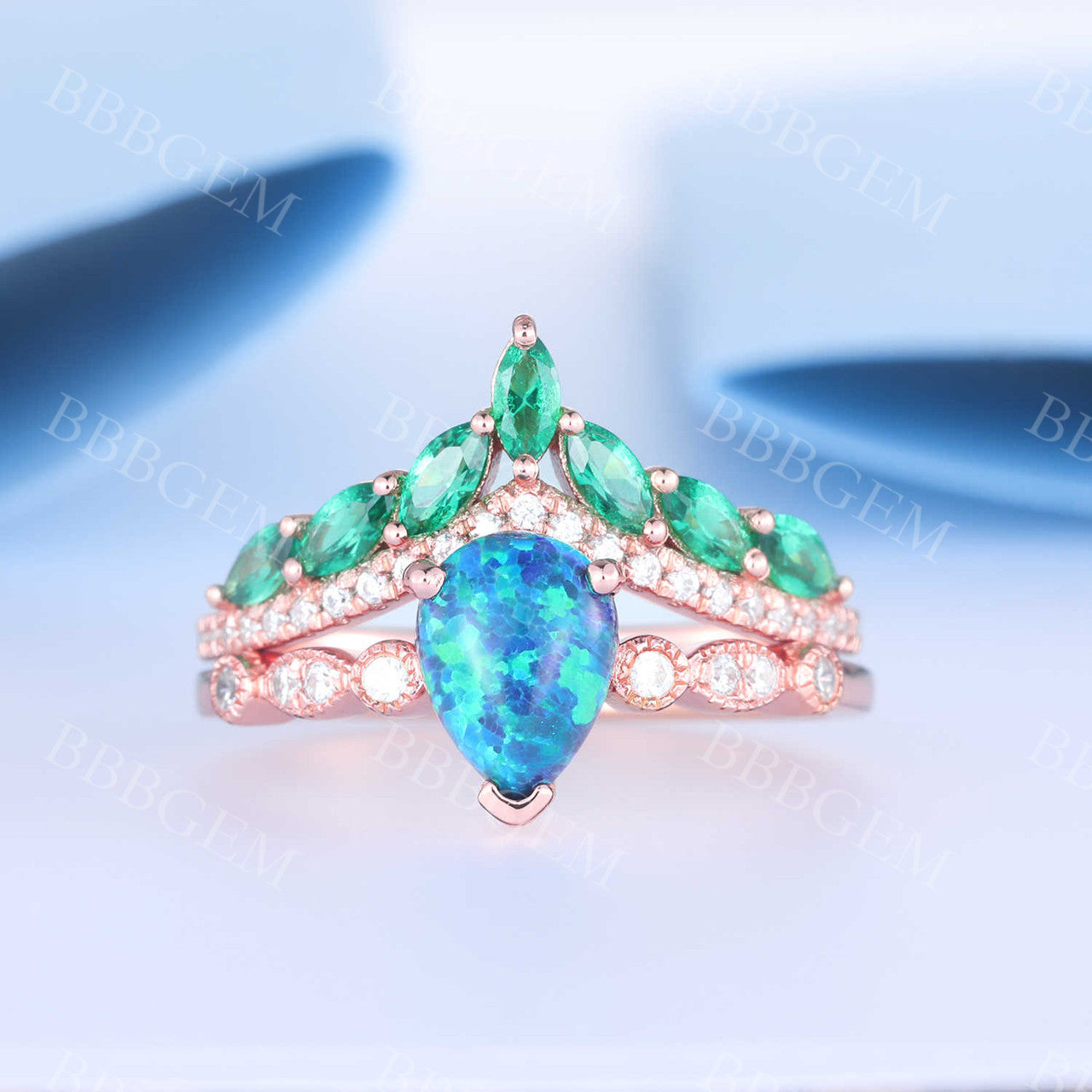 Exquisite Pear Cut Black Opal Engagement Ring with Diamond Crown & Chevron Eternity Band Set - Perfect for Proposals, Anniversaries & Special Occasions