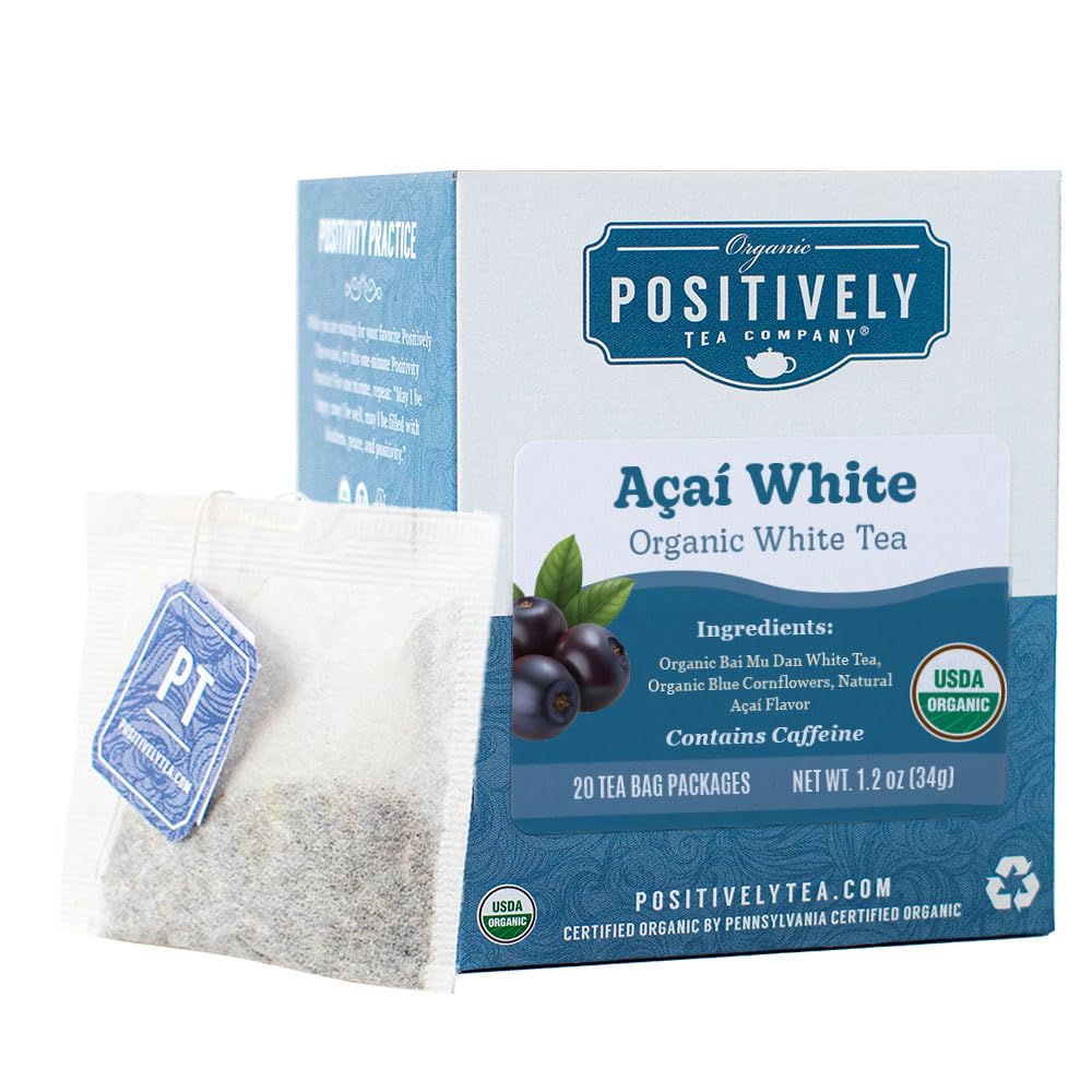 Organic Positively Tea Company - Açaí White Tea Bags, 20 Count | Antioxidant-Rich Herbal Tea for Relaxation & Wellness | Perfect for Morning Boost or Evening Relaxation