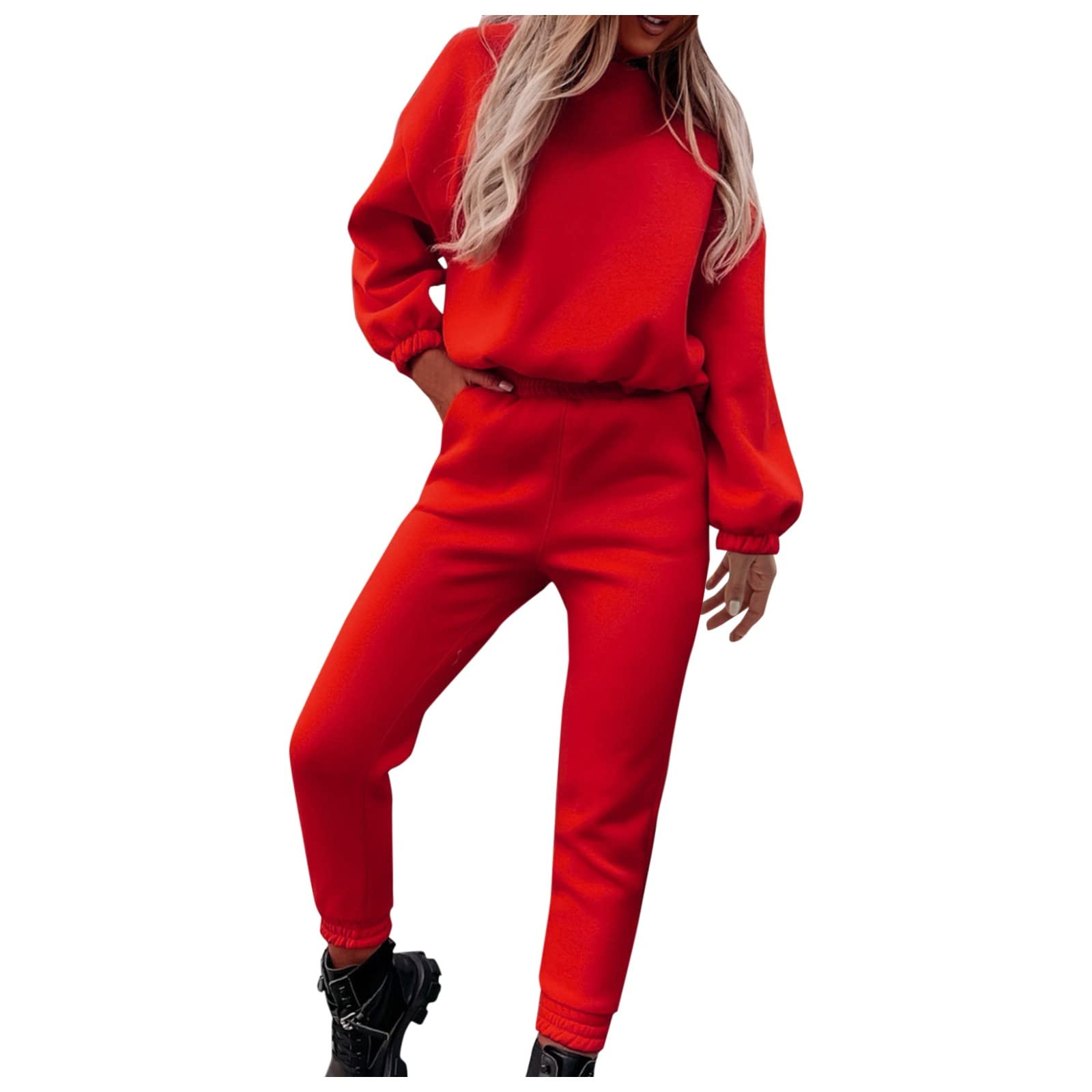Women's Fleece Tracksuit Set - 2 Piece Solid Color Sweatshirt & Sweatpants Outfit with Pockets | Cozy Lounge Wear for Home, Gym, and Casual Outings