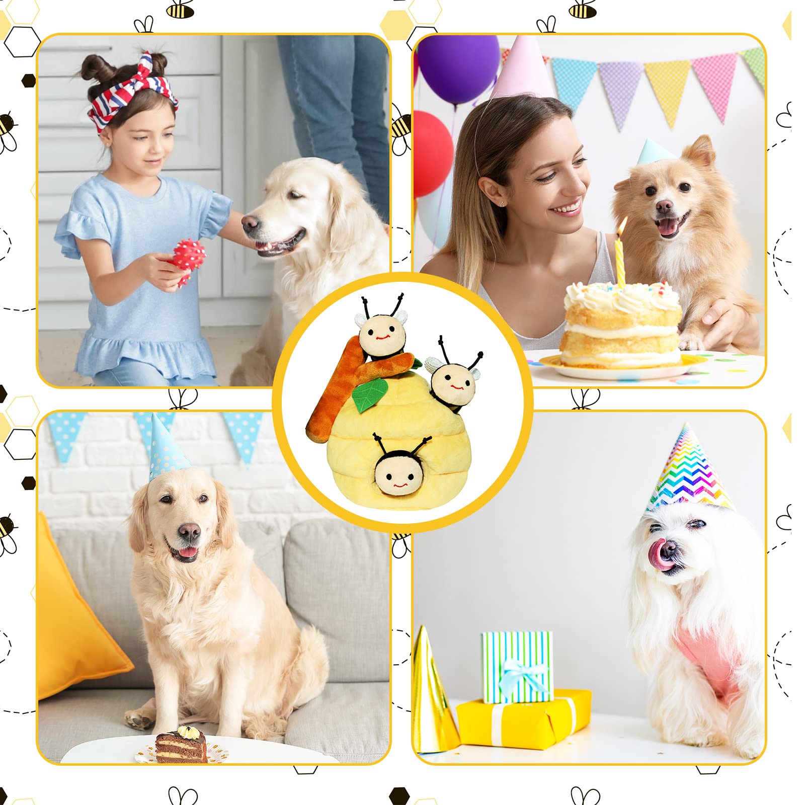 Whaline 4Pcs Interactive Dog Toys - Squeaky Bee Honey Pot Puzzle Toys for Hide & Seek, Tough Chew Teething for Small Medium Large Dogs | Fun Boredom Relief & Mental Stimulation for Puppies & Adult Dogs - Perfect for Indoor Play, Training Rewards & Outdoor Activities