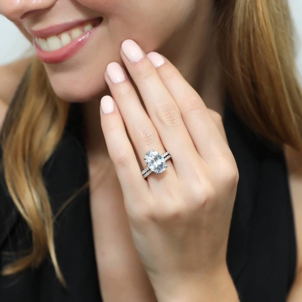 BERRICLE 5.5 Carat Oval Cut Cubic Zirconia Sterling Silver Engagement Ring Set for Women - Solitaire CZ Hidden Halo Wedding Band, Rhodium Plated Size 4-10 - Perfect for Proposals, Anniversaries & Special Occasions