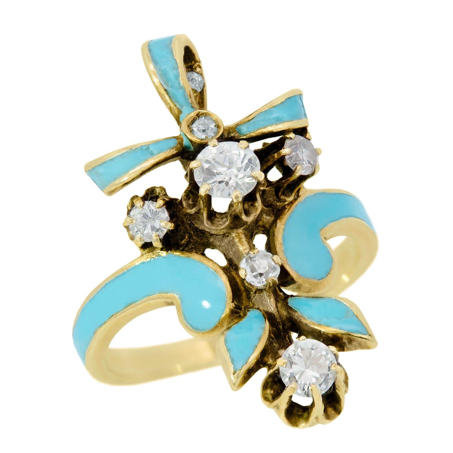 Victorian 14K Gold Diamond Blue Enamel Bow Ring - Elegant Antique Jewelry for Women, Perfect for Weddings, Anniversaries & Special Occasions