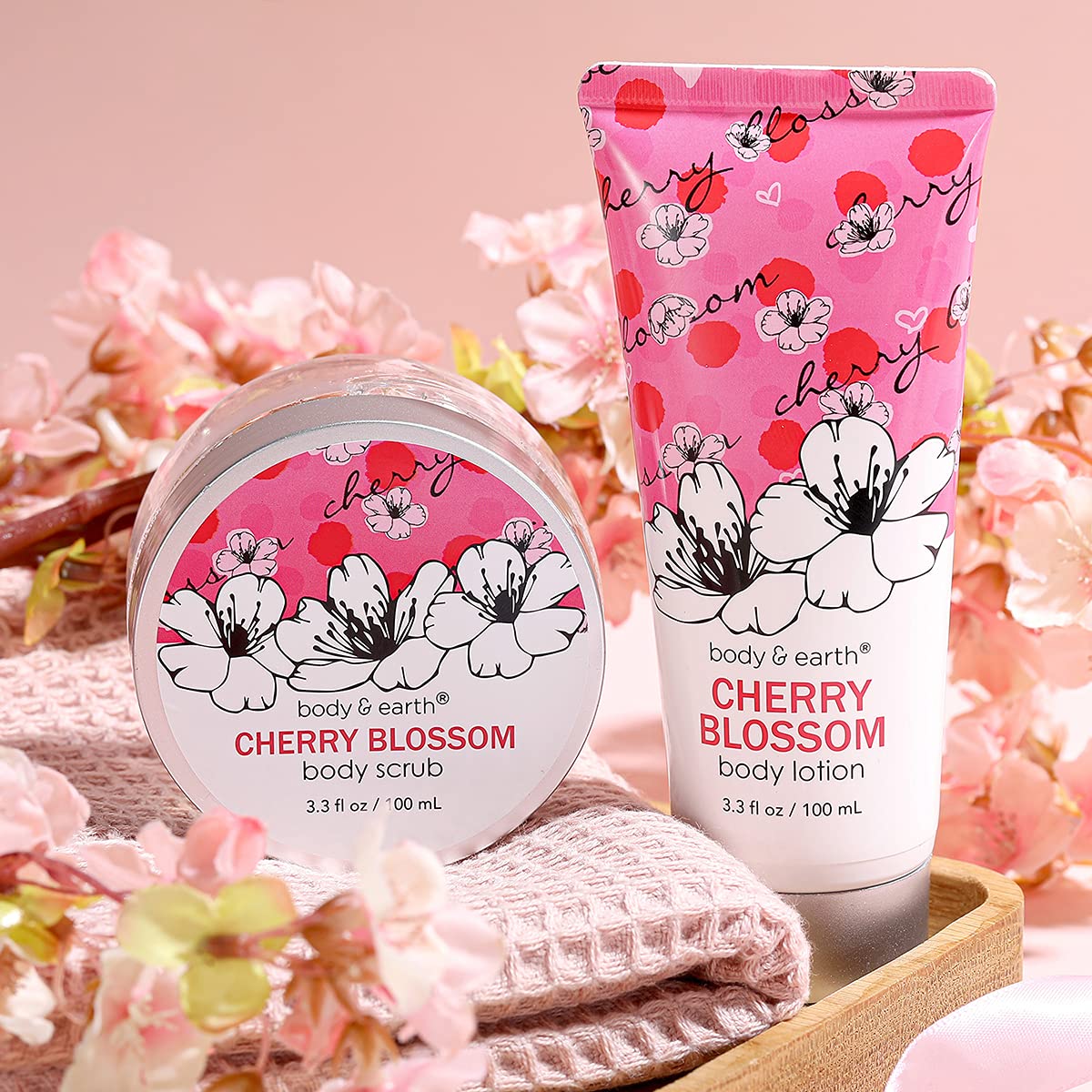 Luxury 5-Piece Cherry Blossom Spa Gift Set for Women - Shower Gel, Body Scrub, Lotion, Hand Soap & Rose Flower in Elegant Double-Layer Box | Perfect Birthday, Anniversary, Mother's Day Gift & Relaxing Home Spa Experience