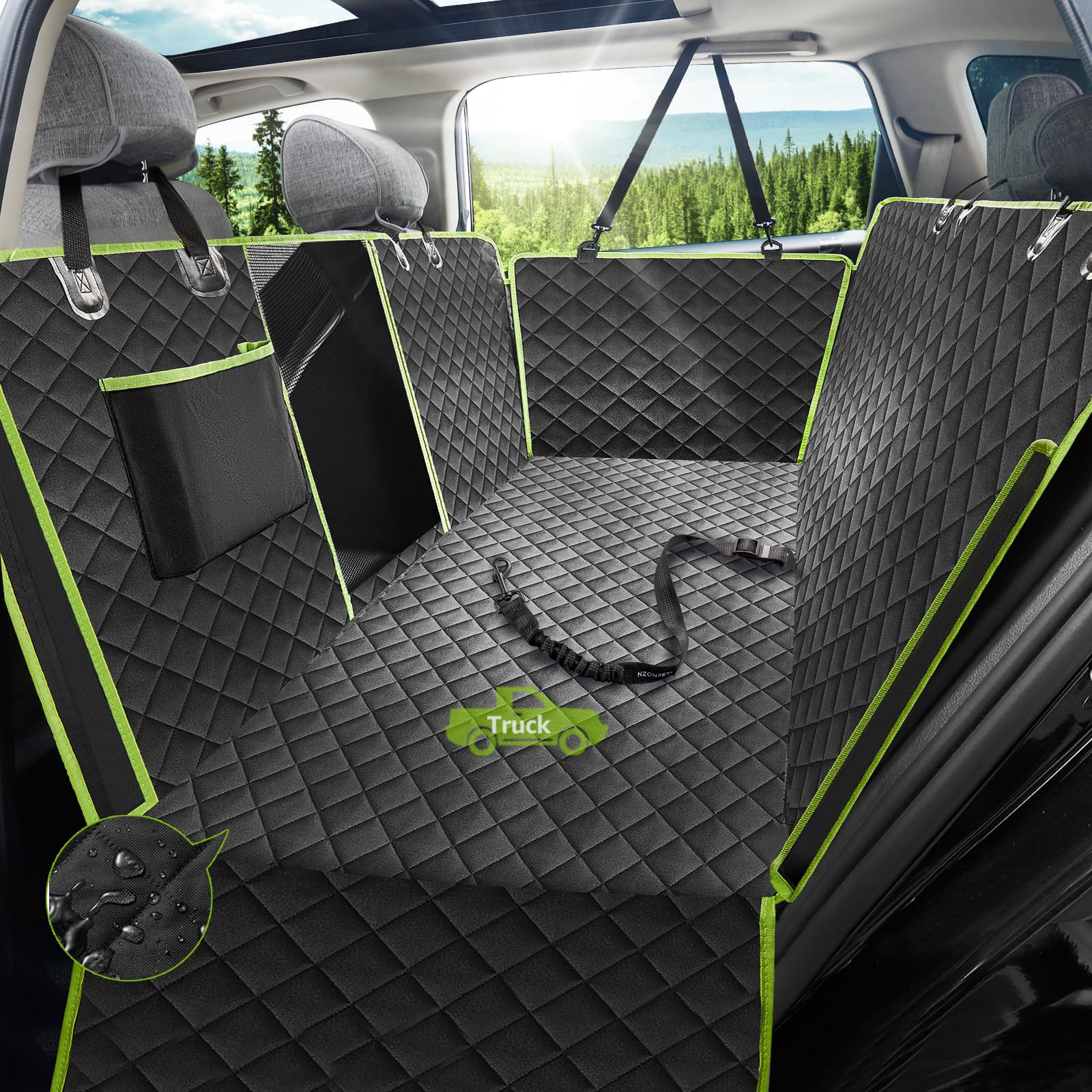 Waterproof Dog Seat Cover for Trucks - XL Non-Slip Scratchproof Pet Hammock with Mesh Window | Heavy Duty Back Seat Protector for Full-Sized Pickups Like F150 | Perfect for Road Trips & Outdoor Adventures (Green)