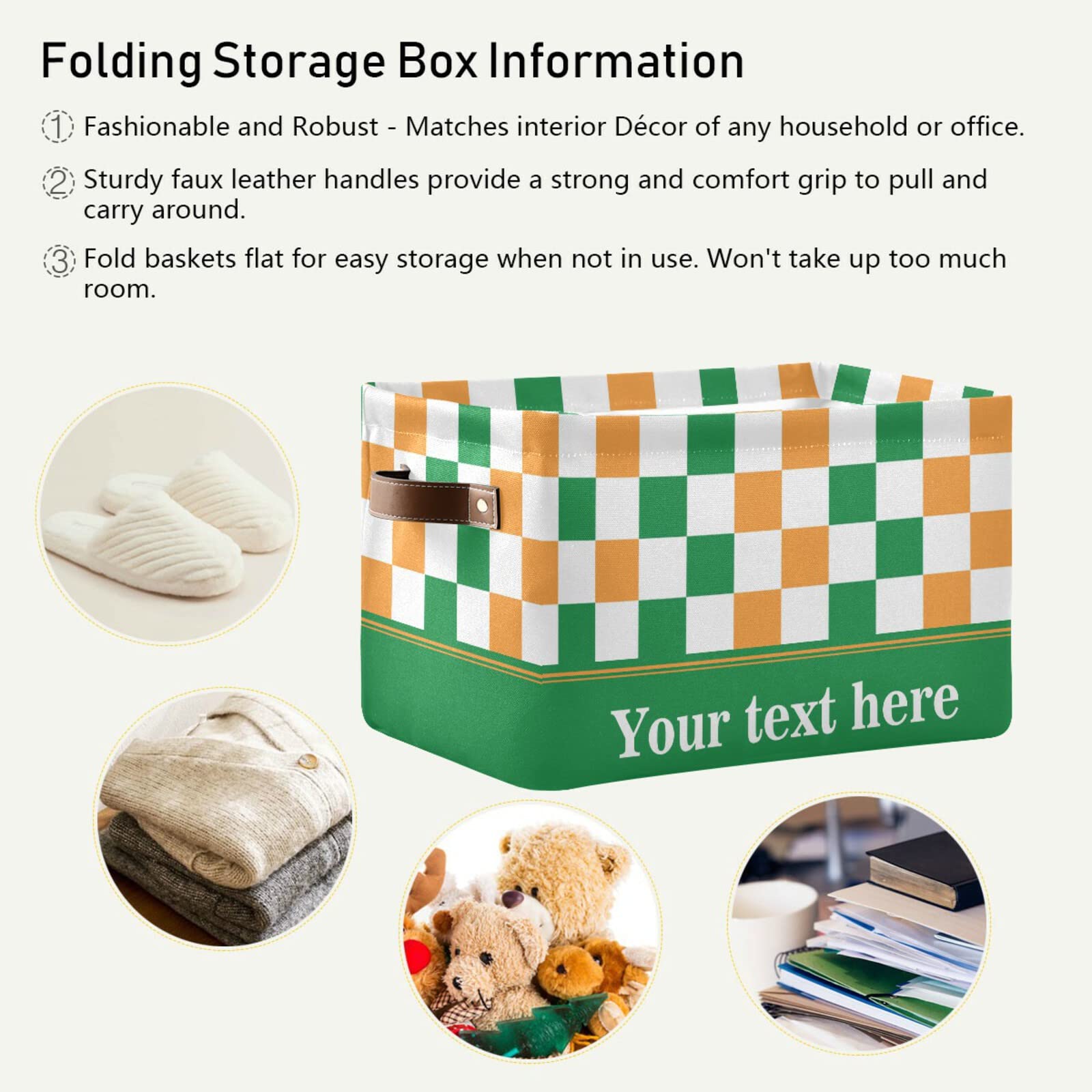 Yellow Green Plaid Collapsible Storage Basket with Leather Handles - Foldable Rectangular Storage Bin for Kitchen, Kids Room, Bathroom | Home Organization & Gift Basket Solution