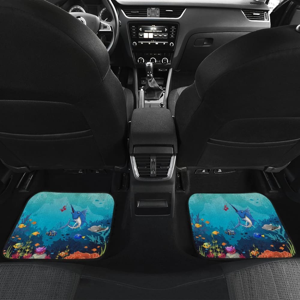 Blue Marlin Under The Sea Cartoon Fishing Car Floor Mats - Non-Slip Waterproof All-Weather Vehicle Accessories for Trucks, SUVs & Sedans - Perfect for Beach Trips, Fishing Adventures & Outdoor Enthusiasts