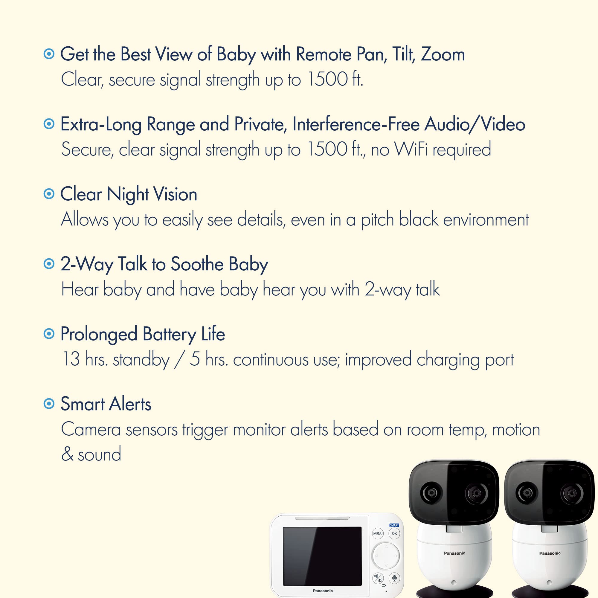 Panasonic Video Baby Monitor with Remote Pan/Tilt/Zoom, Long Range & Secure Connection - 2 Cameras & Parent Unit | 2-Way Talk, Lullabies, Night Vision | Portable for Nursery, Travel & Home Use