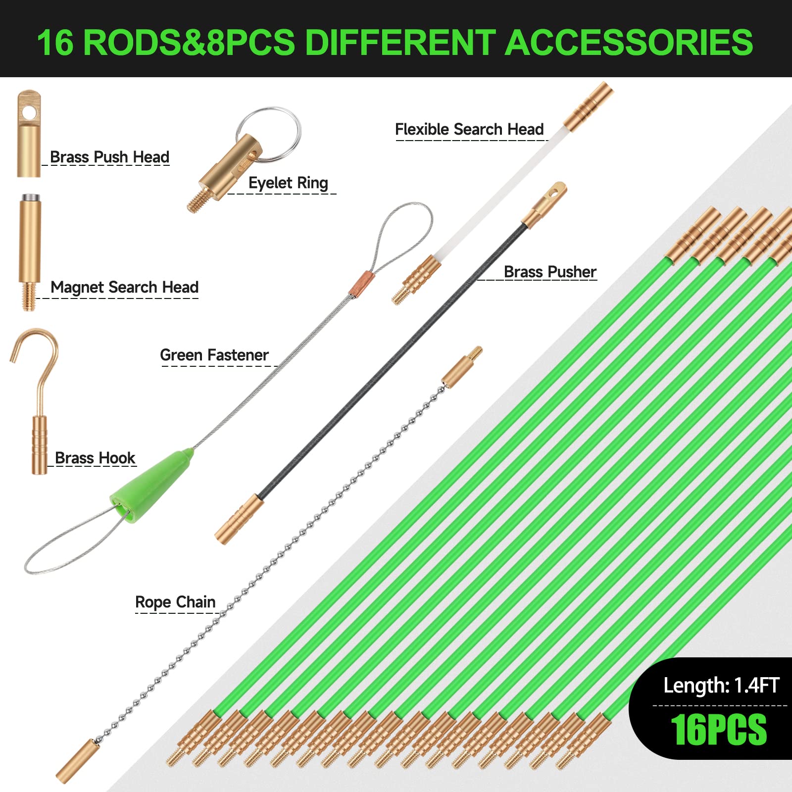 22FT Fiberglass Wire Pulling Kit with 8 Attachments - for Electrical Wiring & Fish Tape Installation