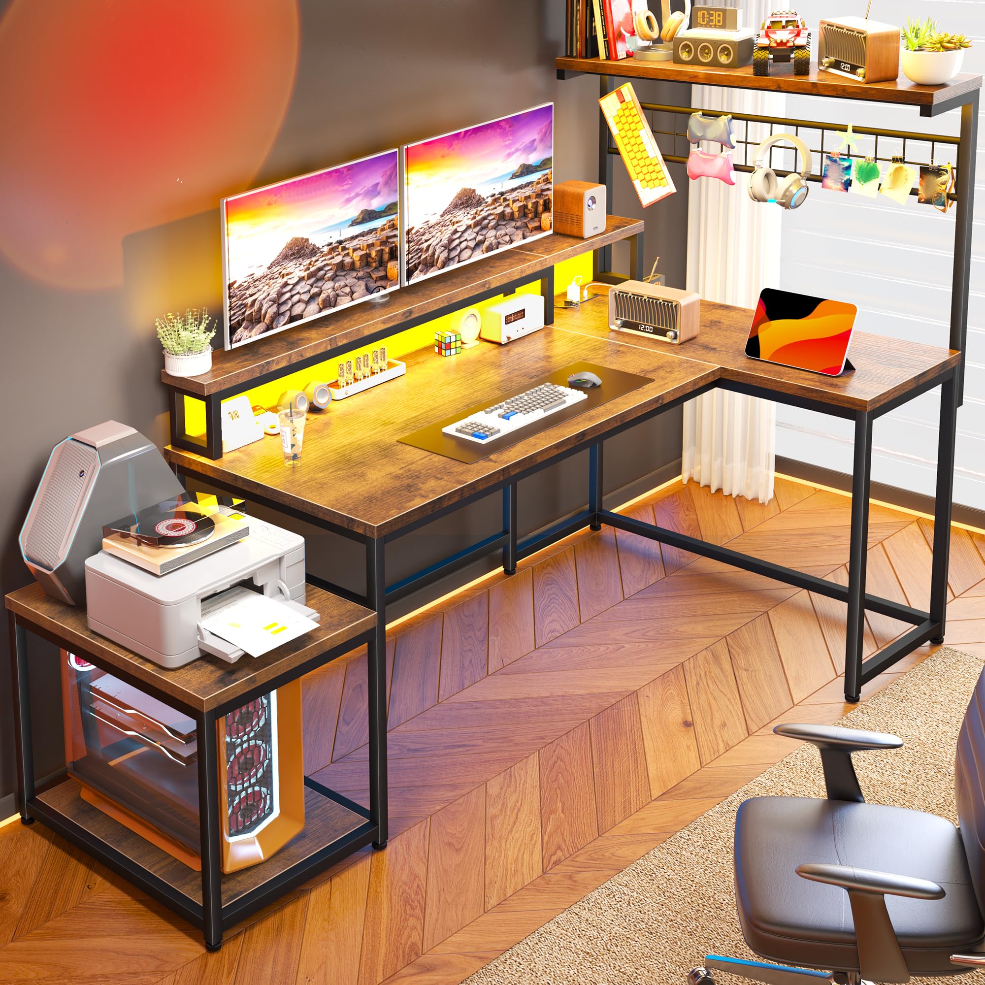EnHomee L-Shaped Gaming Desk with Shelves, LED Lights & Power Outlets - Rustic Brown Computer Workstation for Home Office & Gaming Setup