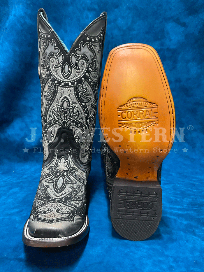 Corral C4046 Women's Western Boots - Laser Embroidered & Studded Cowgirl Boots in Black & Grey | Perfect for Rodeo, Country Dancing & Western Fashion