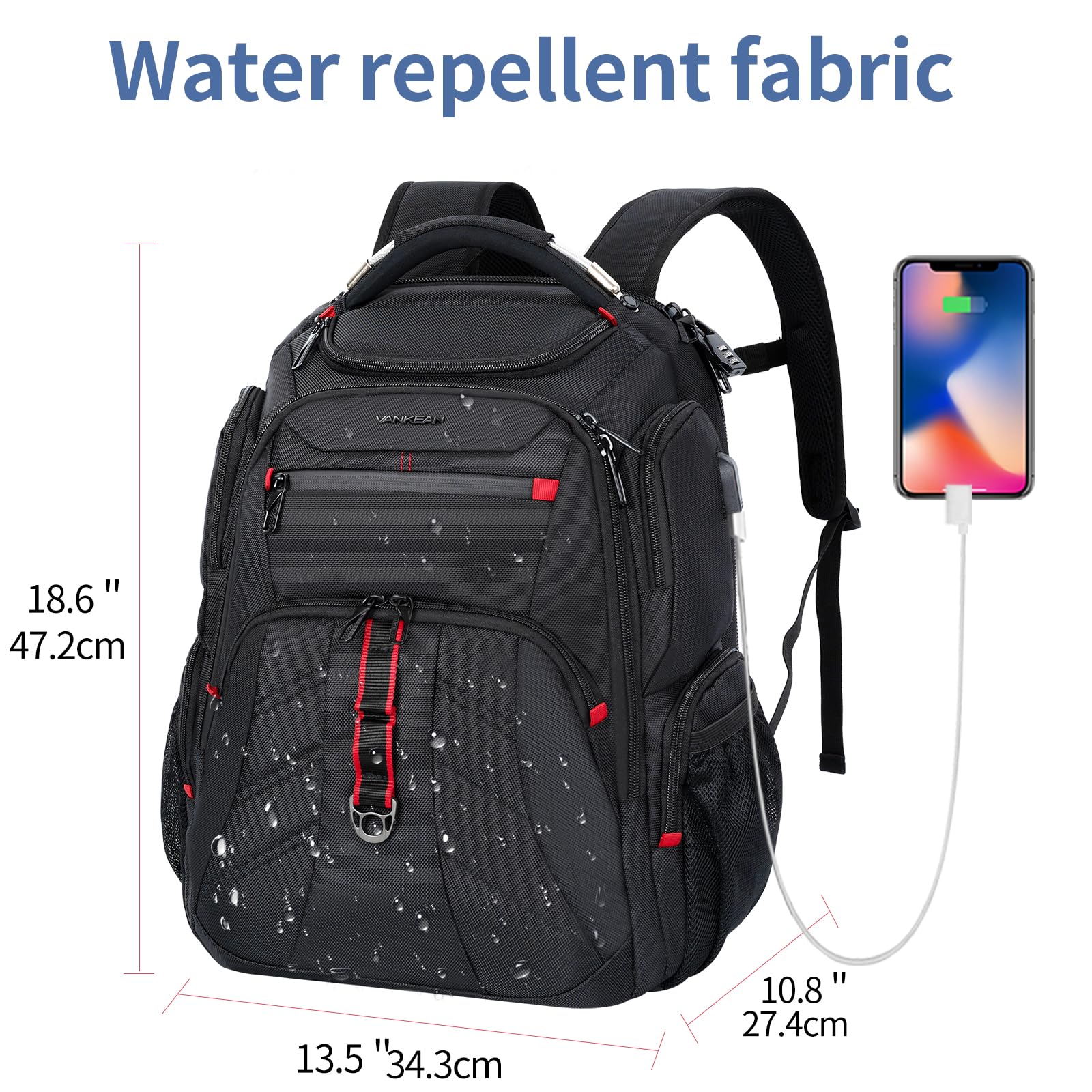 VANKEAN 17.3 Inch TSA Approved Laptop Backpack - Water Resistant Anti Theft Business Computer Bag with USB Charging Port & RFID Blocking Pockets for Men & Women - Perfect for Travel, Work & College (Black)