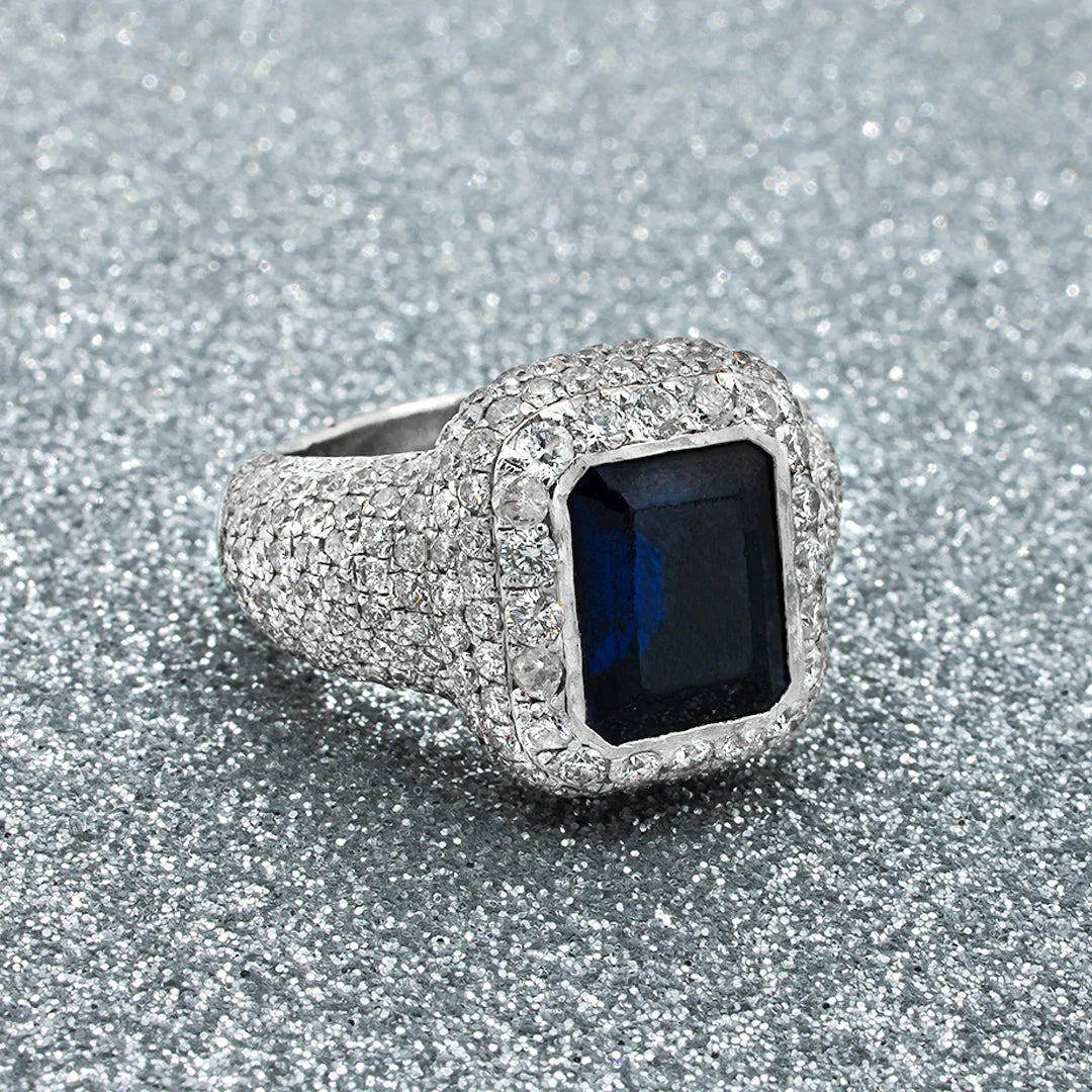 14K White Gold Men's Diamond and Blue Sapphire Ring - 3.60 CTW - Elegant Wedding Band, Anniversary Gift for Him, Engagement Jewelry for Men