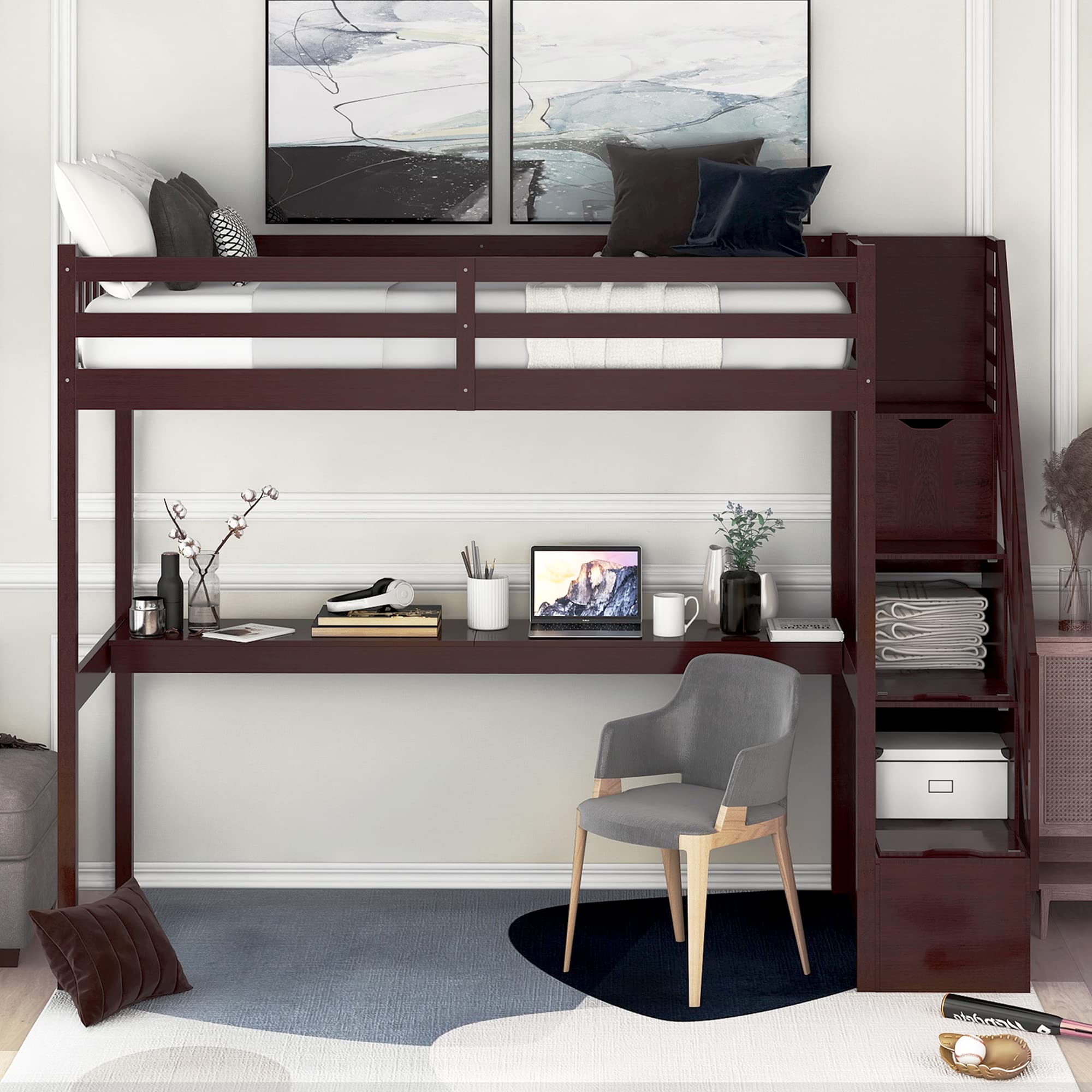 P PURLOVE Twin Loft Bed with Storage Staircase & Built-in Desk - Space Saving Wooden Loft Bed Frame for Kids/Teens - No Box Spring Needed - Espresso Finish - Perfect for Small Bedrooms, Dorms & Studio Apartments