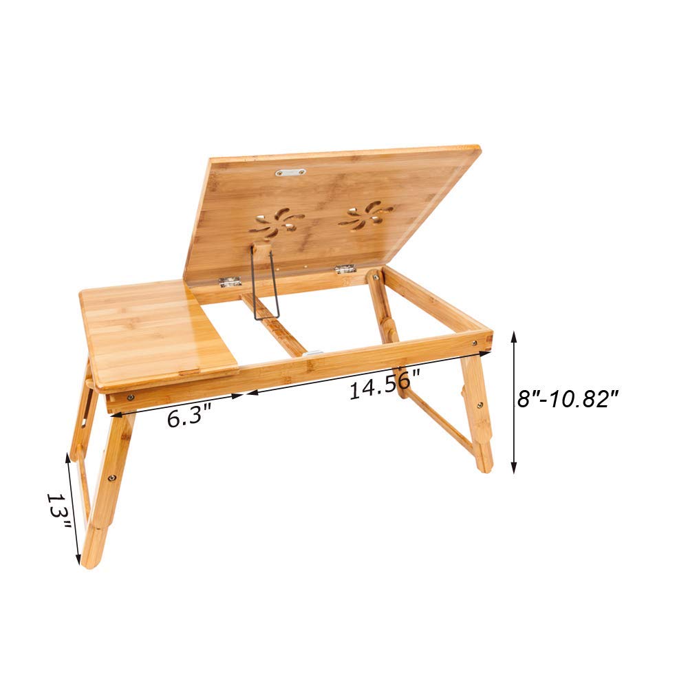 Adjustable Bamboo Laptop Desk with Tilting Shelf & Drawer - Foldable Legs, Multifunctional Breakfast Serving Tray - Double Flowers Wood Color - Perfect for Home Office, Bed, Sofa & Dining Table Use