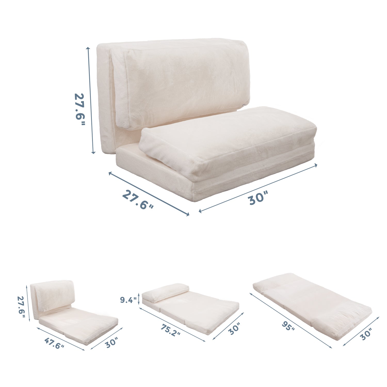 MAXYOYO Bean Bag Folding Sofa Bed - Extra Thick Floor Mattress with Washable Faux Fur Cover (Cream White) | Versatile for Living Room, Bedroom, Dorm & Guest Sleeping